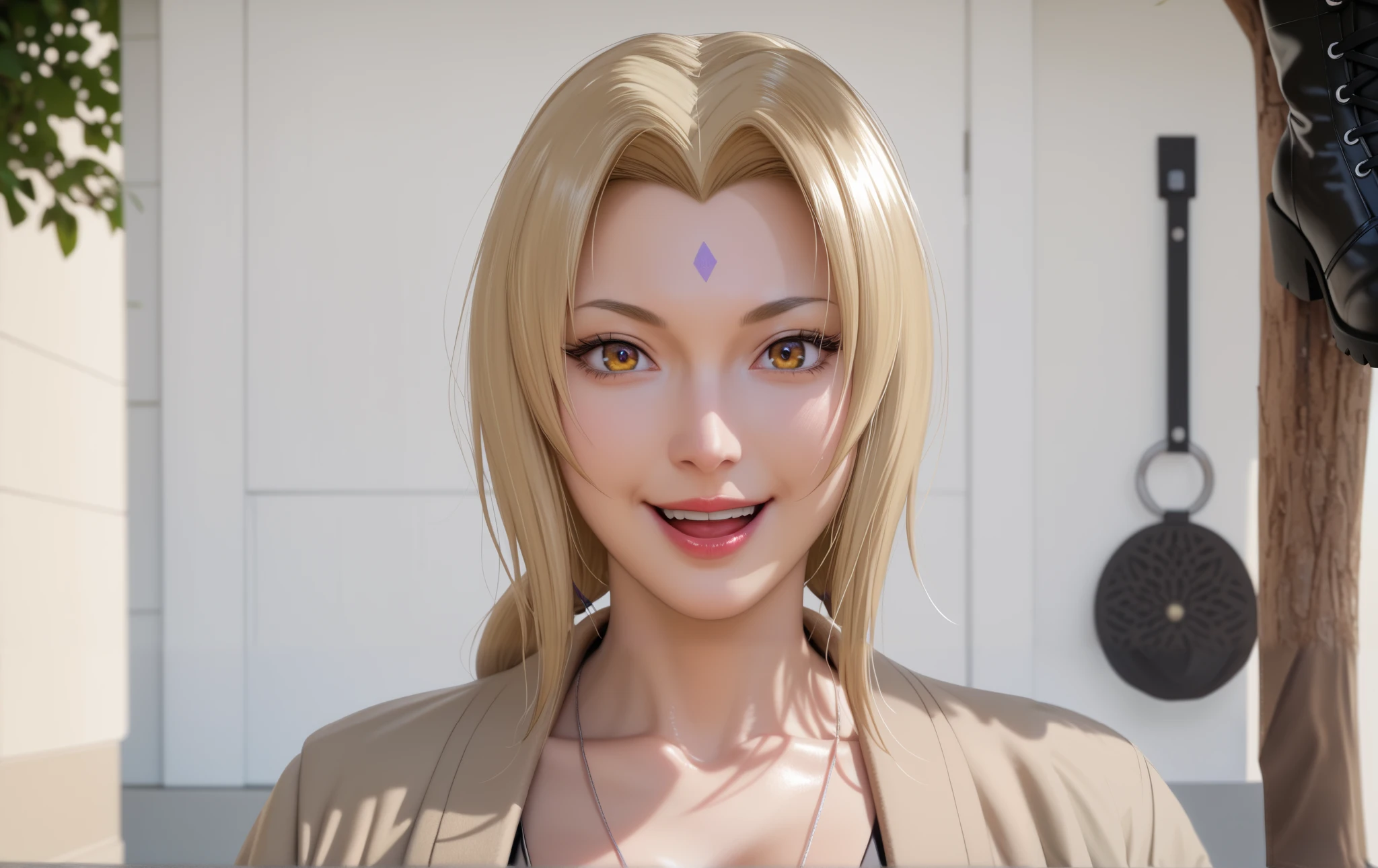score_9,score_8_up,score_7_up,high res image,masterpiece,best quality,realistic,mature female,(fair_skin:1.1),(shiny_skin:1.2),Tsunade,t5un4d3,Light yellow long hair,blue purple mark on forehead,light yellow thin short eyebrows,bright brown pupils,light red lips,(hanging breasts:1.1),(big breasts:1.2),chopiotsunade,(black dress:1.2),(brown cardigan coat:1.2),(black boots:1.2),(black silk stockings:1.2),(stand under the tree:1.1),(kind_smile:1.3),(open your mouth wide:1.4),