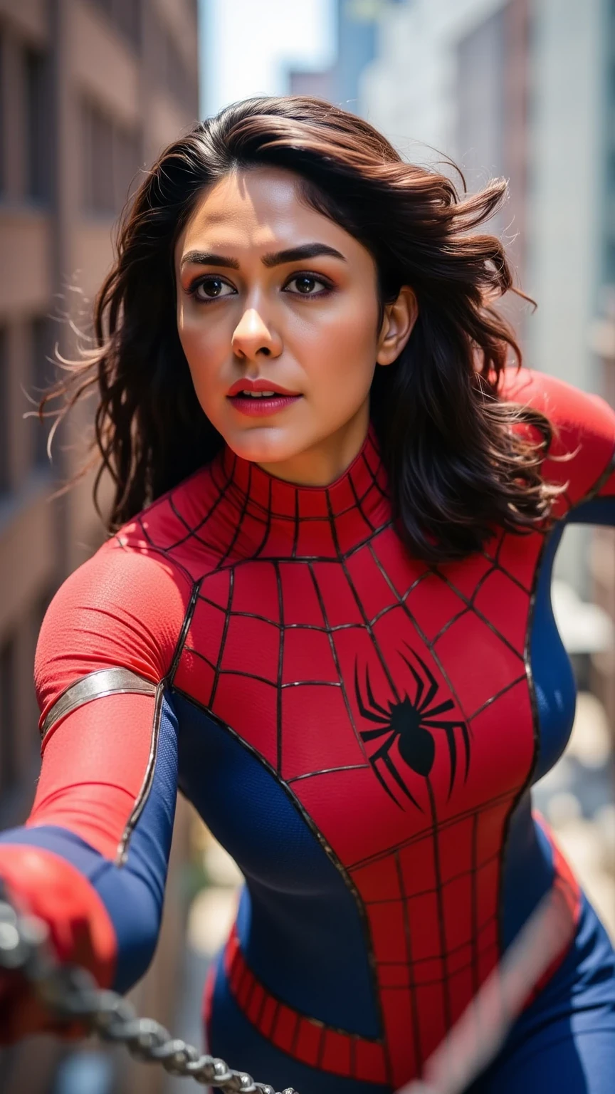 "A woman in a Spider-Man costume is mid-swing, her arm extended forward as if she's just launched a web. The red and blue suit gleams under the sunlight, with intricate black webbing patterns visible. Her mask partially reveals her determined expression, and her hair flows dramatically in the wind. The background features blurred buildings and motion lines, emphasizing speed and agility."