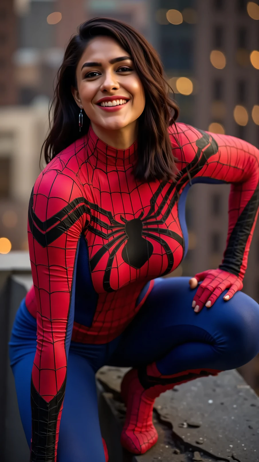 A slightly curvy woman in a Spider-Man costume crouches on a ledge, her head tilted playfully to the side. The snug red and blue suit features bold black webbing, emphasizing its sleek design. Her unmasked face shows a mischievous smirk, with her hair framing her features as city lights twinkle in the blurred background."