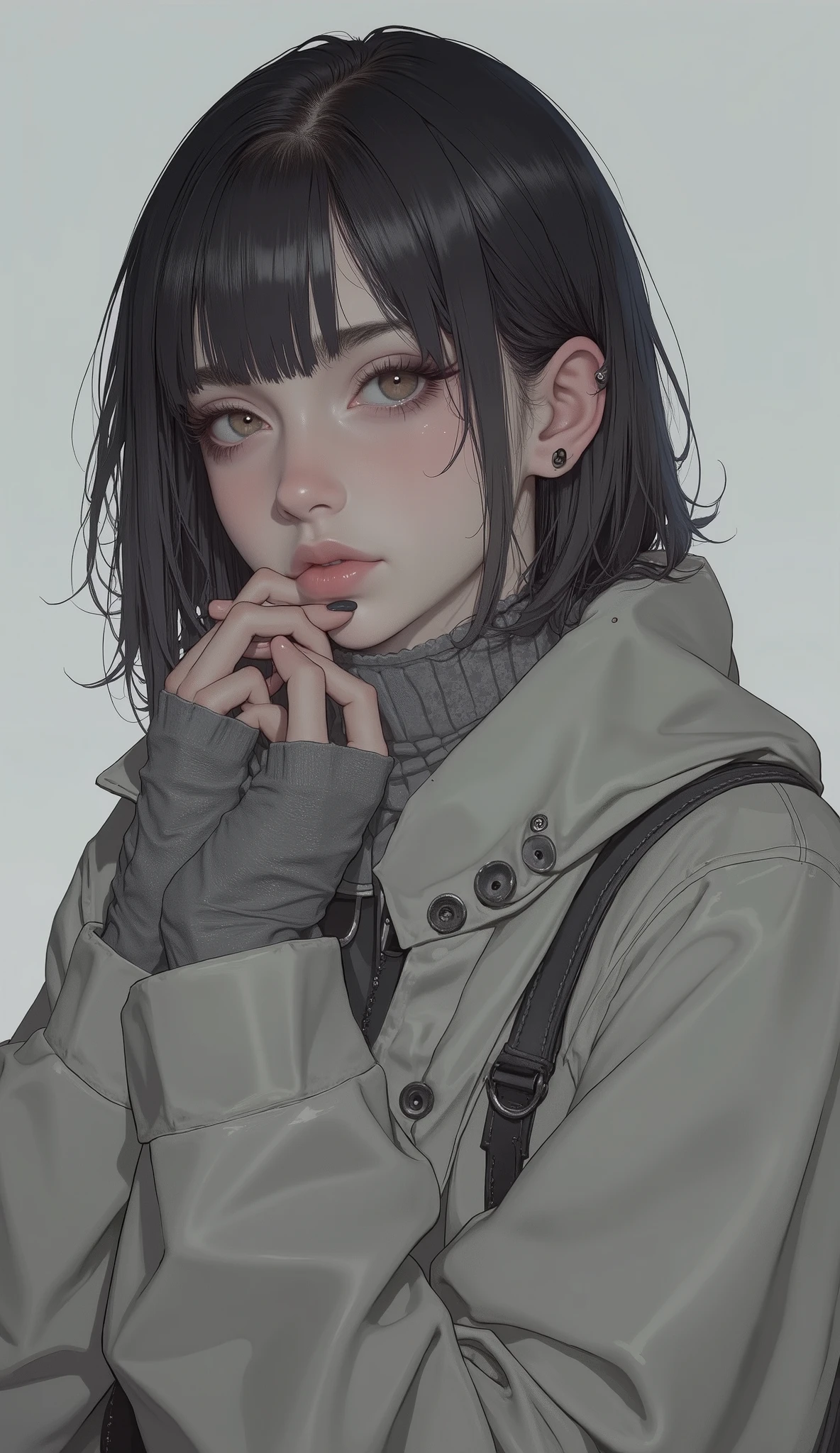  young woman、 tousled hair, Light gray clothes and gloves that only cover the palm 