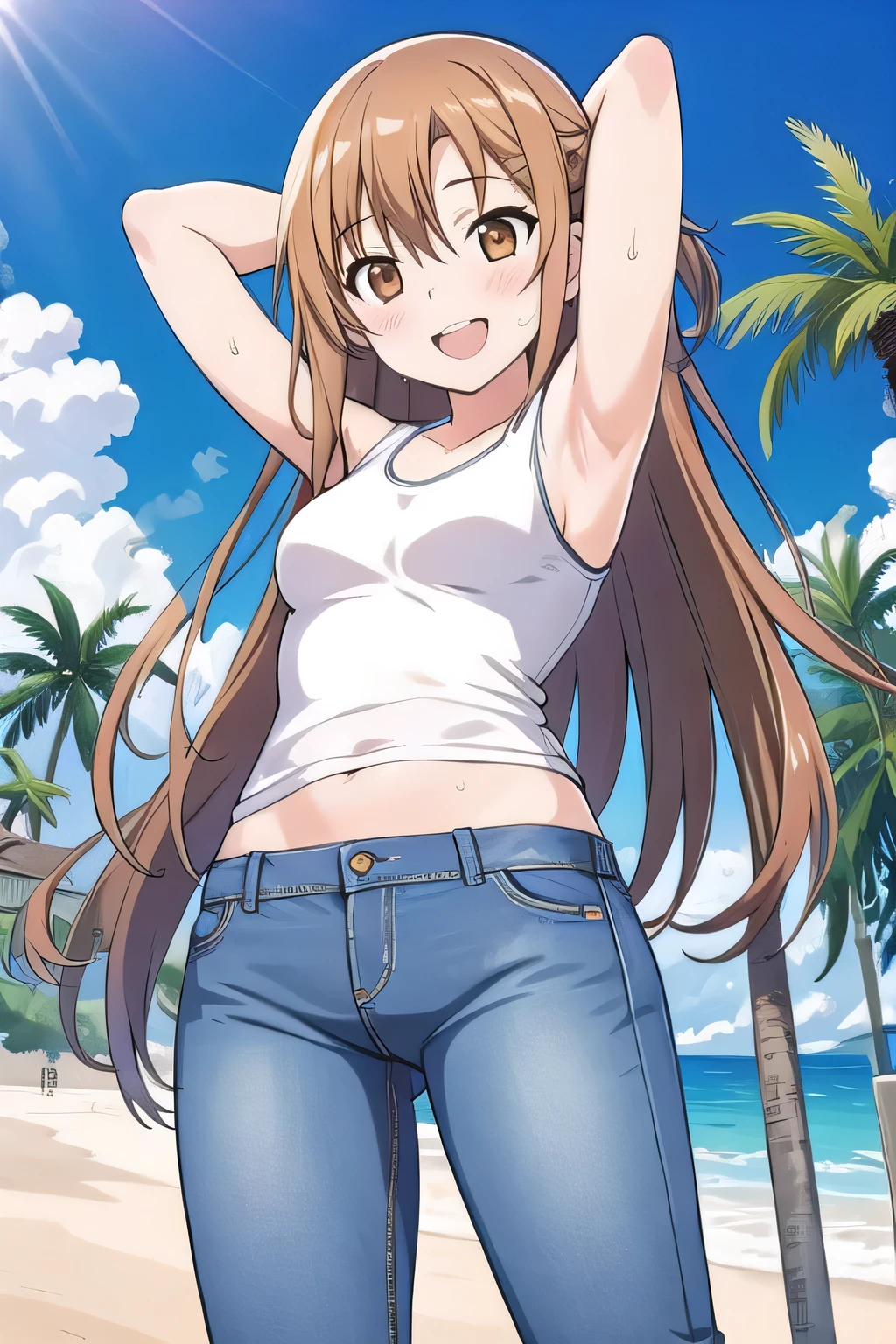 masterpiece,best quality,ultra detail, ((Perfect Face, Perfect Arms, Perfect hands, Perfect Fingers)), 1girl, , peti ((round face, ecstasy, orgasm face, drooping eyes, shame smiling, blush)), dropping eyes, sleepy, Open mouth, White teeth, background((under the beach, (day:1.2), palm tree, bright sky)), asuna yuuki, long hair, brown hair, (brown eyes:1.8), ((arms behind head, hands behind head, fingers behind head)), contrapposto, spread armpits, looking at viewer,, (white tank top:1.2), (white crop top:1.2), (jeans pants:1.2, flares jeans:1.2, skinny jeans:1.2, blue jeans:1.2), standing, (legs spread:1.2), sex pose, Sweaty crotch, Steam from the crotch, from below, ((full medium body))
