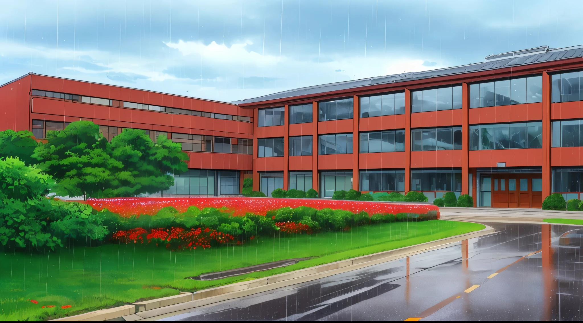 (Rainy sky) (Raindrops Falling) (Afternoon) (Grey Sky)
(80’s Anime) (Classic) (Vintage) (Retro)
1980’s Japan High School is a huge broad campus of several buildings build in a contemperary architecture.
There is a small field of Higanbana (Red Spider Lily) flowers. Close by the Sidewalk
(View from the Entrance)