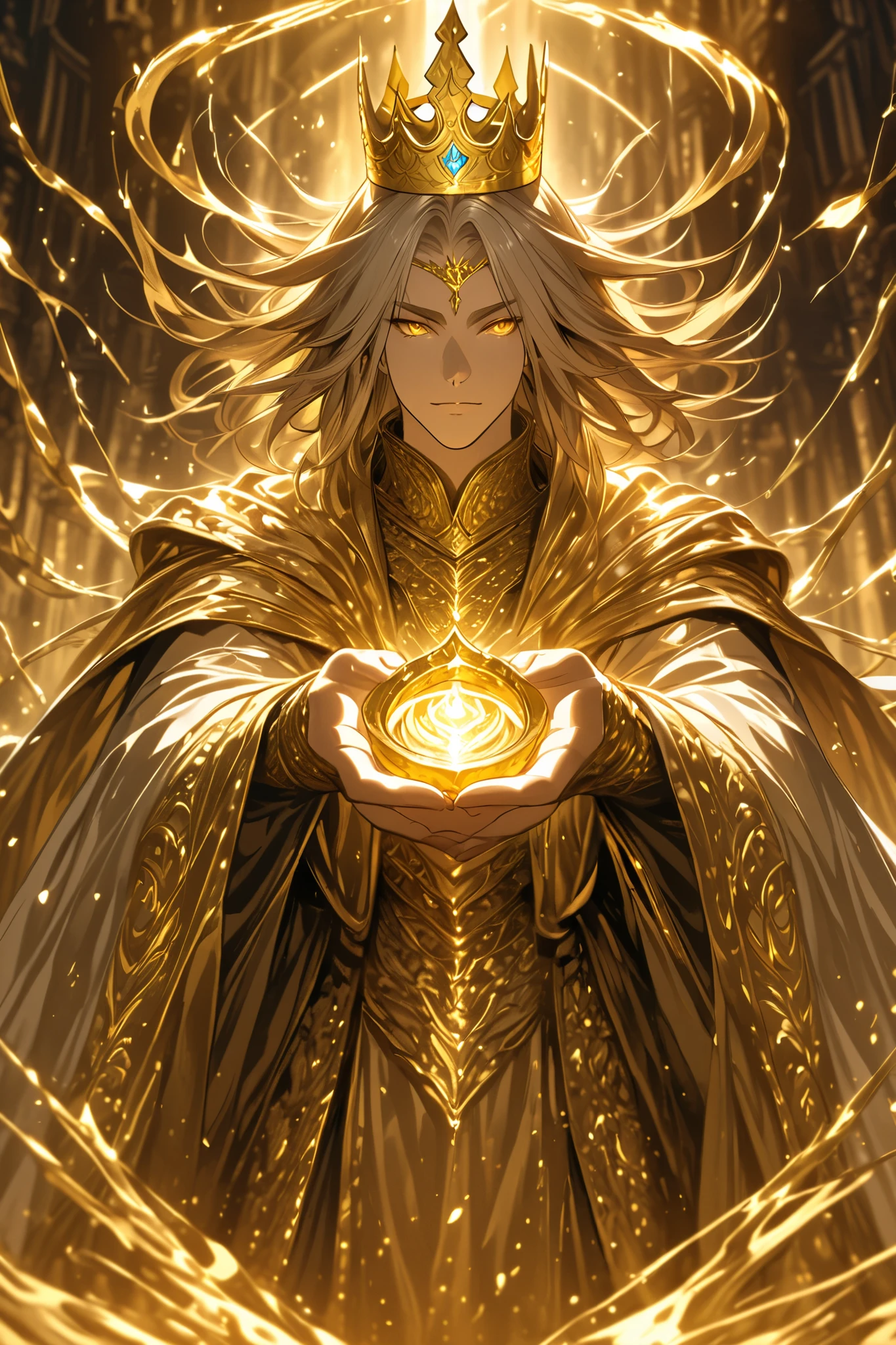 Lord of all that is golden, golden crown, golden aura, golden eyes, elden ring, male