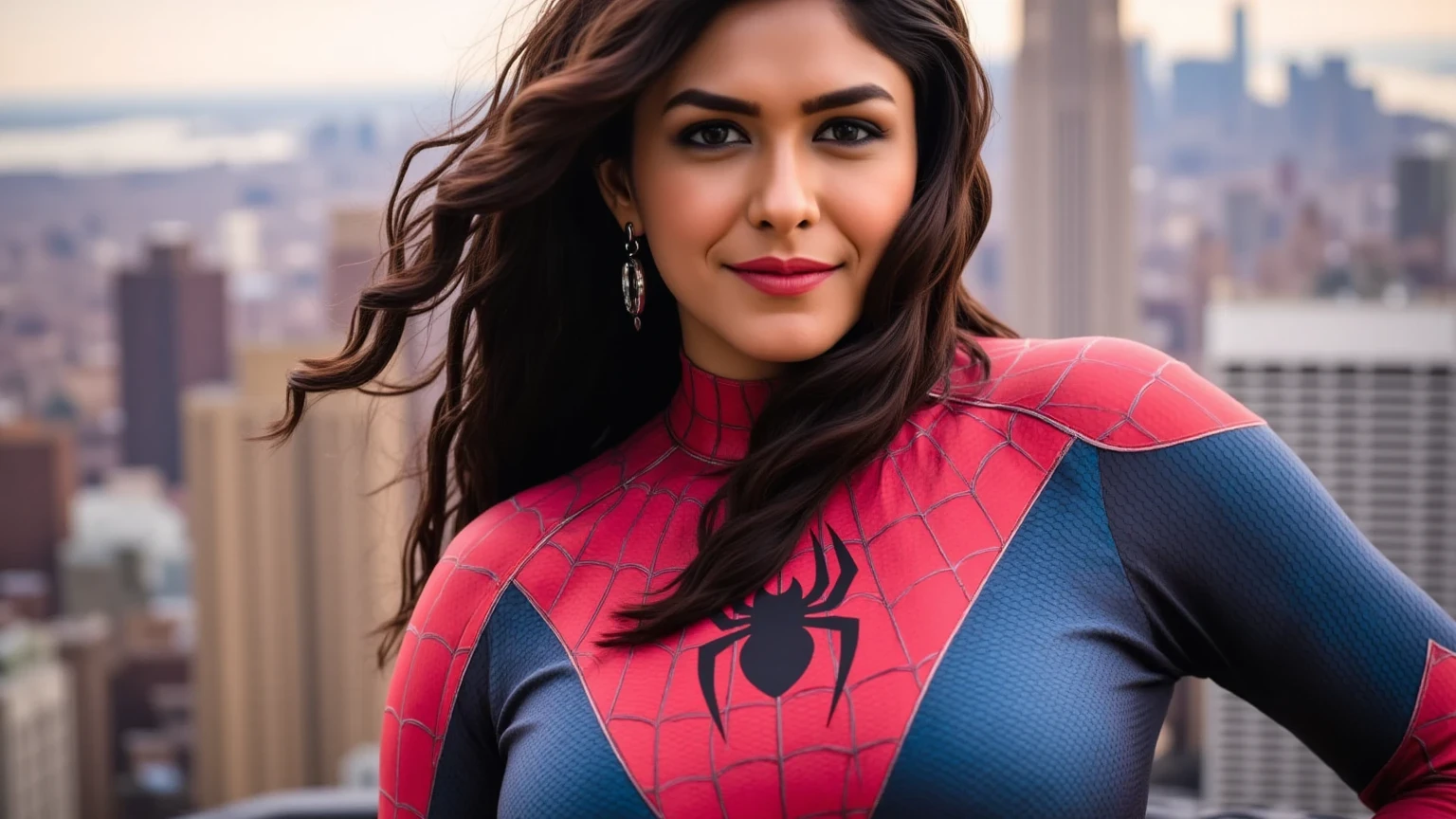 A curvy, confident woman wearing a Spider-Man costume, designed to fit snugly over her figure. The costume features the iconic red and blue color scheme with black web patterns and a bold spider emblem on her chest. The fabric appears sleek and reflective, emphasizing her curves. Her expression is bold and daring, with a slight smirk, and her hair flows freely from the mask, adding a dynamic touch. The background is a blurred cityscape with soft lighting highlighting her pose and costume
