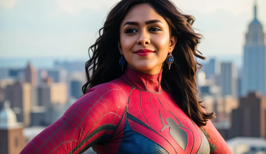 A curvy, confident woman wearing a Spider-Man costume, designed to fit snugly over her figure. The costume features the iconic red and blue color scheme with black web patterns and a bold spider emblem on her chest. The fabric appears sleek and reflective, emphasizing her curves. Her expression is bold and daring, with a slight smirk, and her hair flows freely from the mask, adding a dynamic touch. The background is a blurred cityscape with soft lighting highlighting her pose and costume