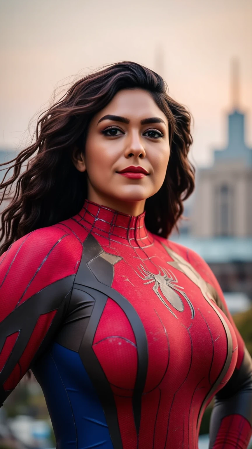 A curvy, confident woman wearing a Spider-Man costume, designed to fit snugly over her figure. The costume features the iconic red and blue color scheme with black web patterns and a bold spider emblem on her chest. The fabric appears sleek and reflective, emphasizing her curves. Her expression is bold and daring, with a slight smirk, and her hair flows freely from the mask, adding a dynamic touch. The background is a blurred cityscape with soft lighting highlighting her pose and costume