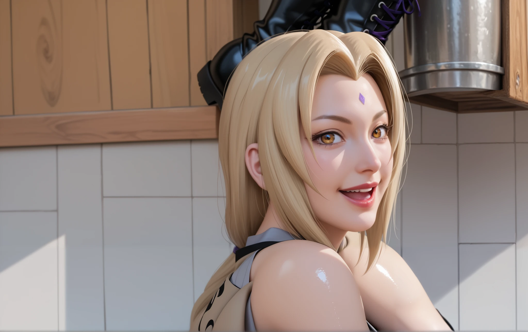 score_9,score_8_up,score_7_up,high res image,masterpiece,best quality,realistic,mature female,(fair_skin:1.1),(shiny_skin:1.2),Tsunade,t5un4d3,Light yellow long hair,blue purple mark on forehead,light yellow thin short eyebrows,bright brown pupils,light red lips,(hanging breasts:1.1),(big breasts:1.2),chopiotsunade,(black dress:1.2),(brown cardigan coat:1.2),(black boots:1.2),(black silk stockings:1.2),(stand under the tree:1.1),(kind_smile:1.3),(open your mouth wide:1.4),