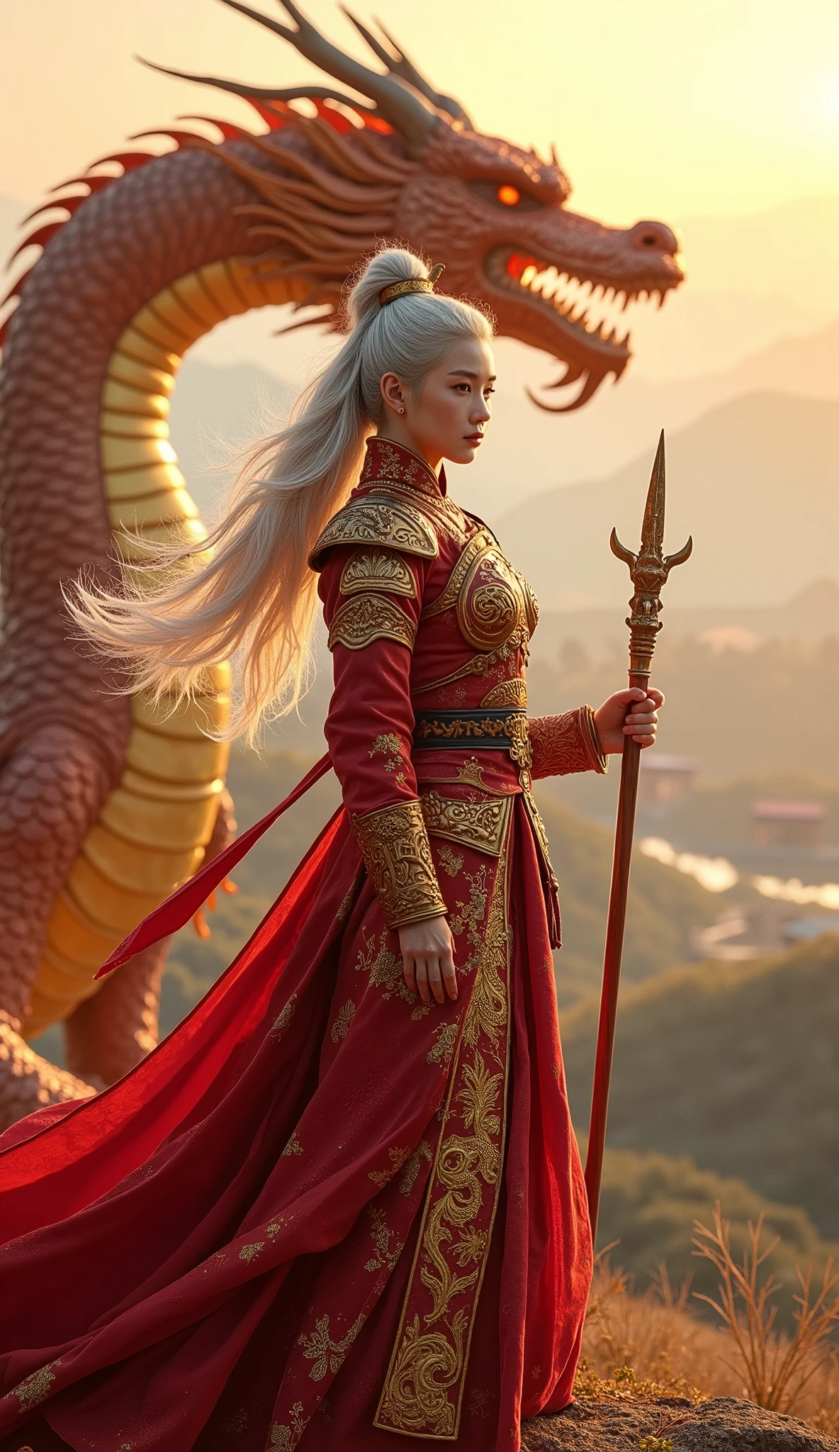 Long-haired woman wearing an iron-clad dress(gold color) Ride a dragon(red) in the sky below are clouds(Indigo) Behind there is sunlight.