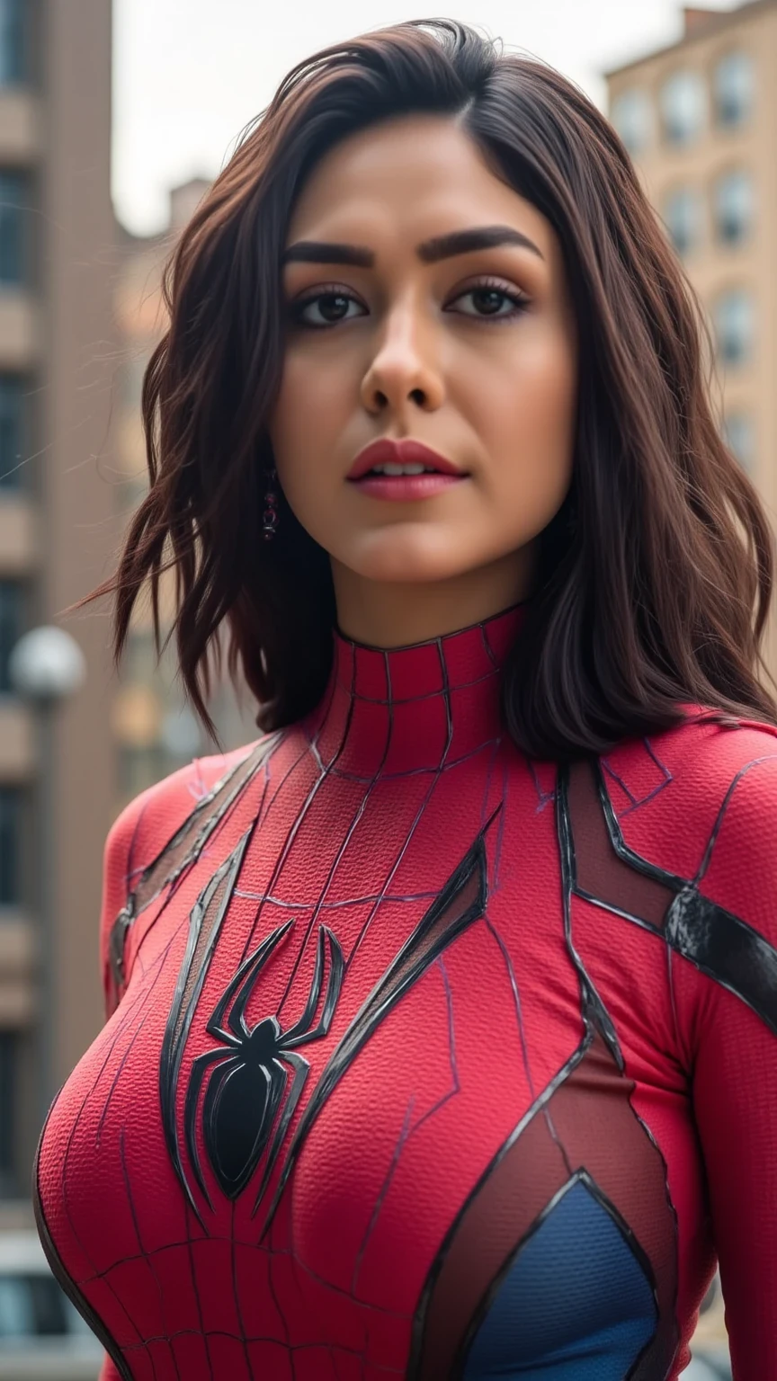 "A woman wearing a Spider-Man costume, featuring the iconic red and blue color scheme with detailed black webbing and the spider emblem prominently displayed on her chest. The costume fits seamlessly, with sleek textures and vibrant colors. Her hair flows freely from under the mask, and her expression is bold and confident. The background is a blurred cityscape with soft, natural lighting highlighting the costume's intricate details."