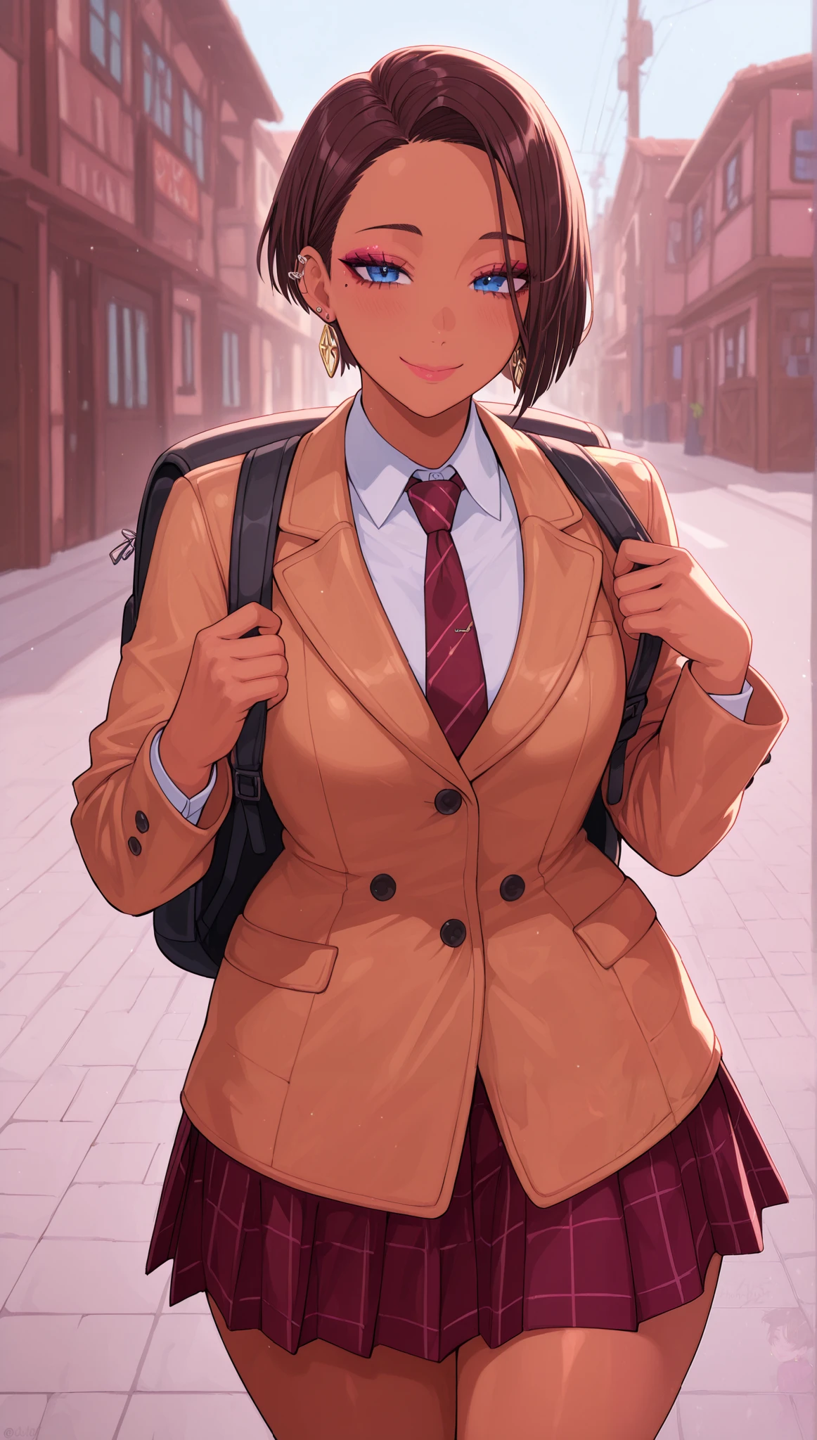 (masterpiece), (portrait), small breasts (aesthetics), ((1 female 21 years old)), Highlight earrings), ((very short hair, piercing in the ear, punk girl style )), ((Hot dark beige hair)), straight hair, thin eyes open, blue eyes, cute, female, woman, shy, distracted smile, beautiful, female features, top, high quality, aesthetic clothing, professional angle, (rule of thirds), (feminine), (feminine), (feminine), (beautiful) , (female ) features), solo, (Korean attractive), summer, (ink haze), (afternoon), (vibrant light), seductive posture, ((face looking forward))), school uniform, long-sleeved light brown coat, white blouse underneath, tie, blue pleated skirt. backpack on the back ((Energy)), (Bold Makeup), (small Breasts), Fair Skin, (Clothes with Hip Hop Details, horny and slutty voluptuous woman), (a hot tomboy girl, hot fit, voluptuous mature body, super curvy body), (Sleep Neckline), Beautiful Hands, Body beautiful, beautiful ears, beautiful eyes, bright eyes, beautiful mouth, beautiful lips, needy expression, sidewalk, houses, hot and thick thighs