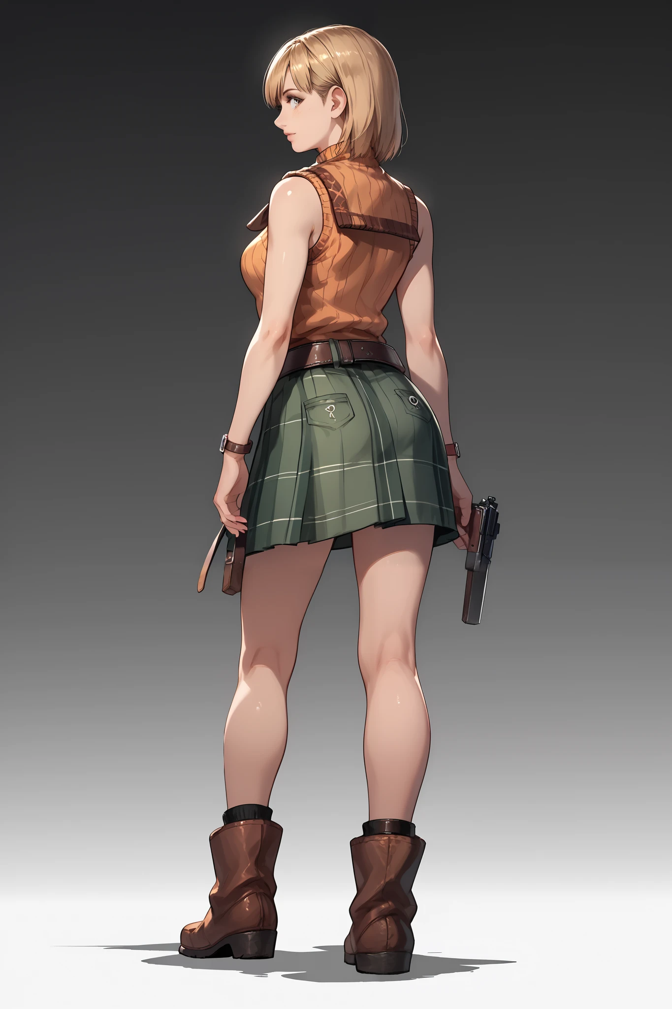 Anime concept art, dark fantasy, Ashley graham, Ashley Graham from resident evil 4, cute, Ashley's sexy outfit, thin waist, medium breasts, sleeveless, skirt, loose belt, lovely pose, back view, full body view, fullbody overview, resident evil 4 concept art