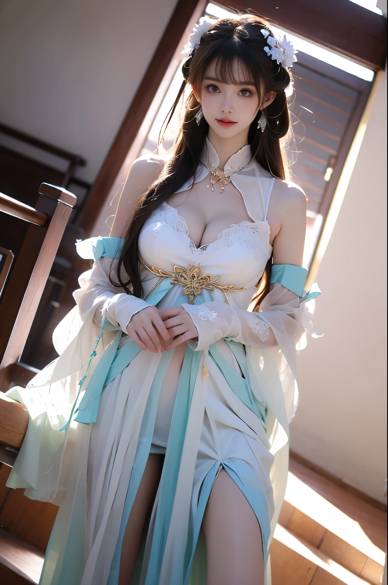 suwen, 1girl, solo, cosplay,
hanfu,chinese clothes, necklace, bare shoulders, detached sleeves, long sleeves, detached collar,shoes,
hair ornament, hair ribbon, hair flower, jewelry,
long hair, brown hair, bangs,
,,(from below:1.3), (cowboy shot:1.3) hyperrealistic photography of a beautiful asian fashion model, perfect body proportions, long slender legs, (Full chest, obvious cleavage, very short hemline, fingers elegantly fluttering hemline), (standing pose:1.2), leaning against staircase railing, one leg straight, other leg slightly bent at knee, elegant leg posture, high heels closer to camera, professionally lit fashion photoshoot, low angle shot, blue sky with white clouds, 8k uhd, masterful composition, photorealistic, detailed face features, glossy long hair, soft natural makeup, detailed skin texture, professional lighting, sharp focus, high end fashion magazine style, ultra detaile
