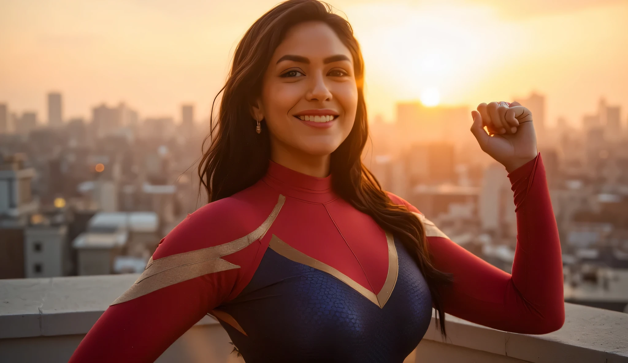 "A woman in a Spider-Man costume raises her fist triumphantly, standing against a backdrop of a sunset-lit city skyline. Her other hand rests on her hip, and the intricate details of the red and blue suit stand out in the warm glow. Her confident smile and dynamic pose convey strength and determination