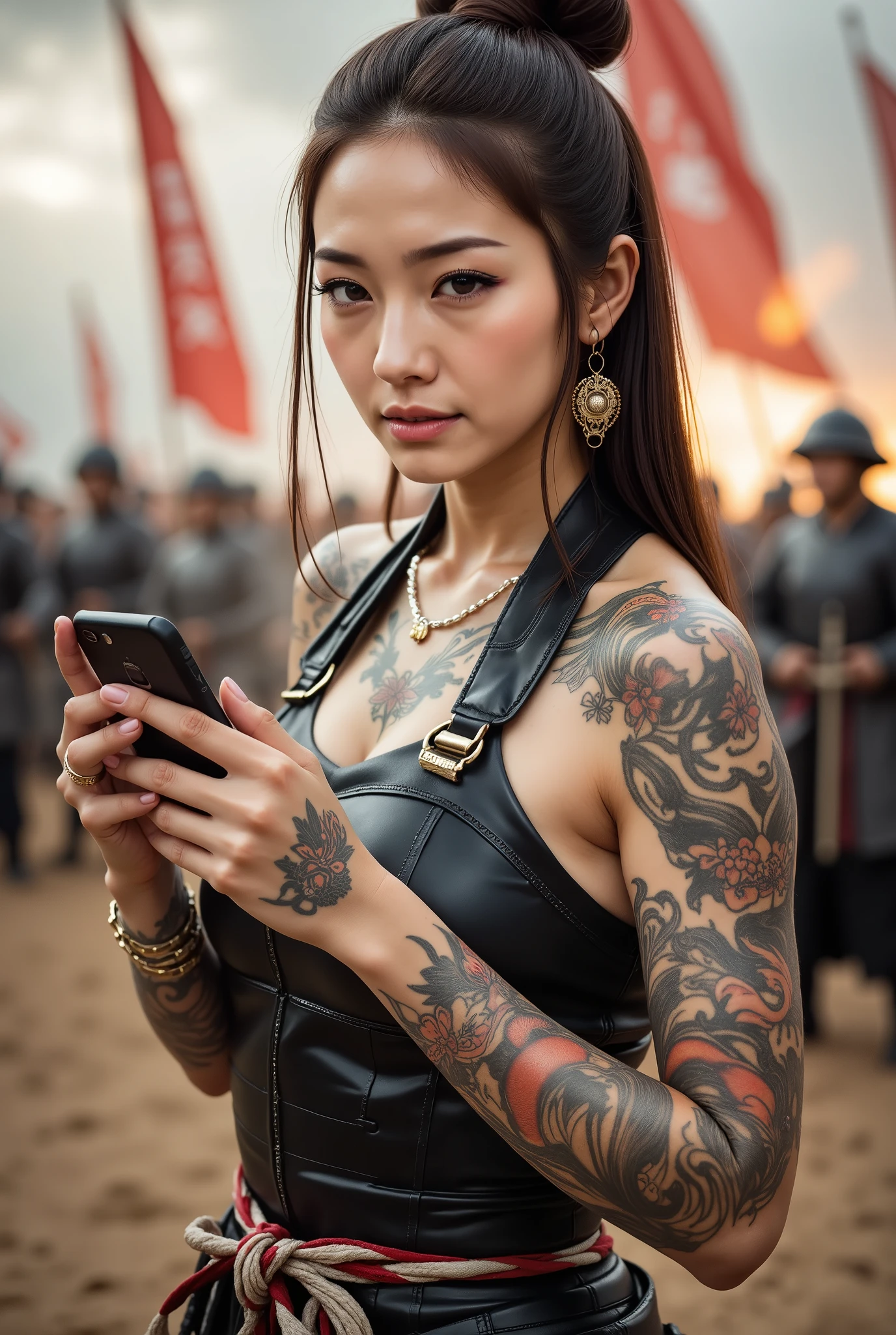 "A Japanese woman with full-body tattoos, wearing traditional samurai armor from the Sengoku period, stands confidently on a battlefield. She holds a modern smartphone in her hand, analyzing a strategy with a calm expression. The background features a dramatic war scene with soldiers, banners, and smoke. Her tattoos, visible on her neck and hands, incorporate traditional Japanese art styles like koi fish and cherry blossoms, contrasting with the historical setting. The lighting highlights the metallic sheen of her armor and the glow from the smartphone screen."