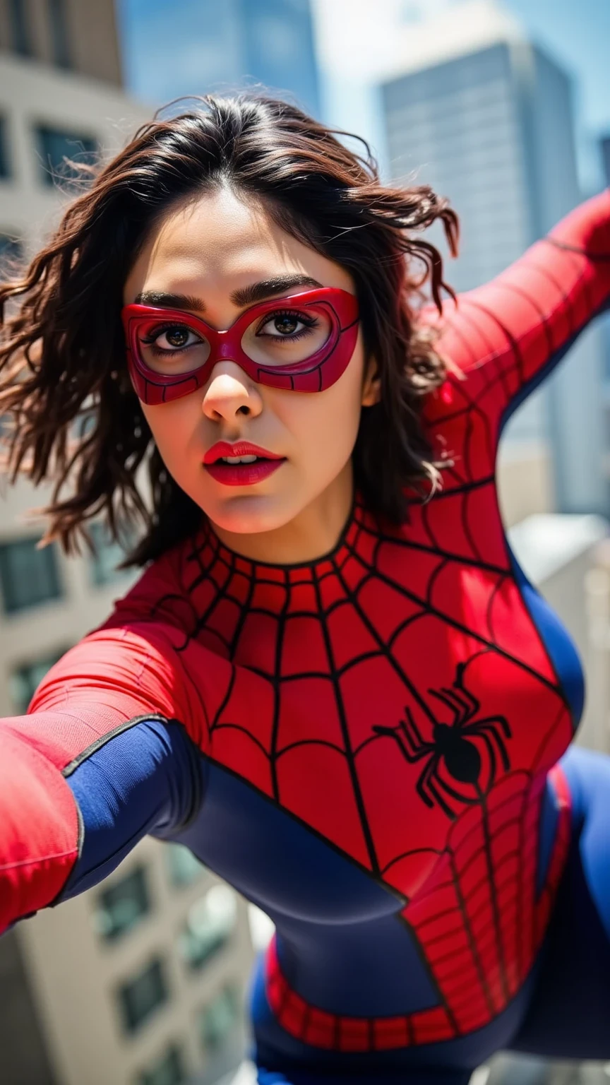 "A woman in a Spider-Man costume is mid-swing, her arm extended forward as if she's just launched a web. The red and blue suit gleams under the sunlight, with intricate black webbing patterns visible. Her mask partially reveals her determined expression, and her hair flows dramatically in the wind. The background features blurred buildings and motion lines, emphasizing speed and agility."