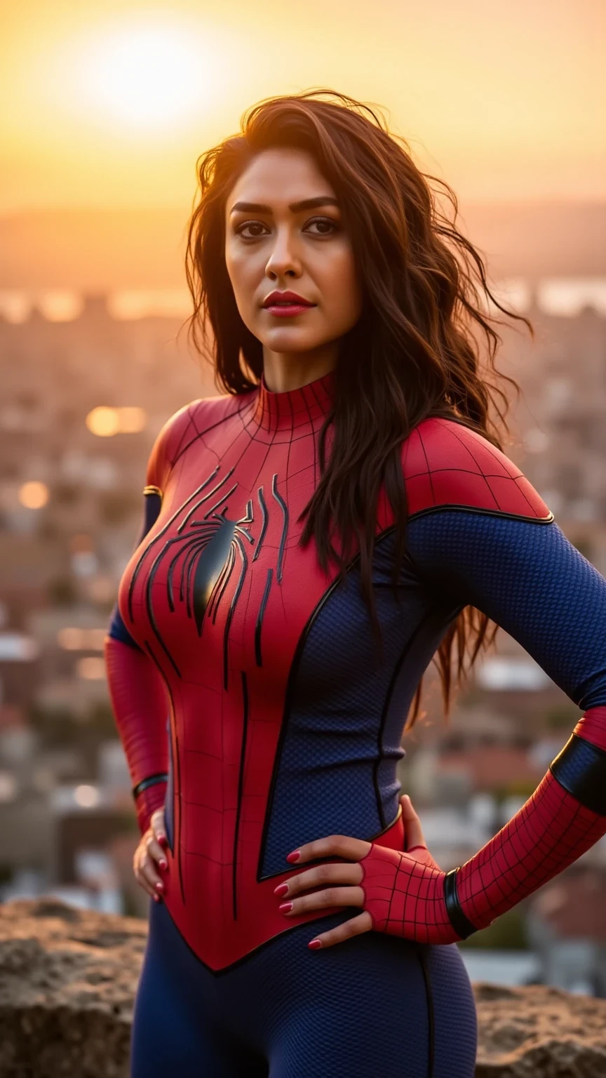 A woman in a Spider-Man costume stands confidently, both hands resting on her hips. The intricate details of the red and blue suit are illuminated by the golden glow of a sunrise behind her. Her mask is off, revealing a determined expression, and her hair flows freely in the breeze. The blurred background features a sprawling cityscape awakening to the new day."