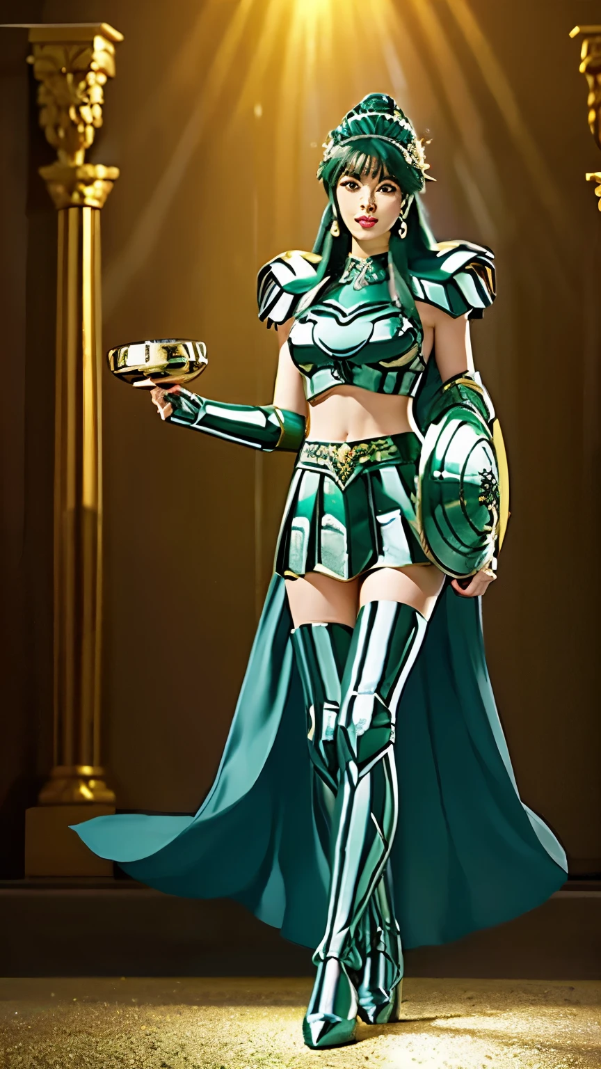 FULL BODY IMAGE OF BEAUTIFUL GIRL IN ARMOR
Shiny green Saint Seiya Chaksarist warrior, Roman skirt, holding a Bonsaiaddinium pot in full bloom 
The backdrop is the temple of Athena, walking towards the audience.