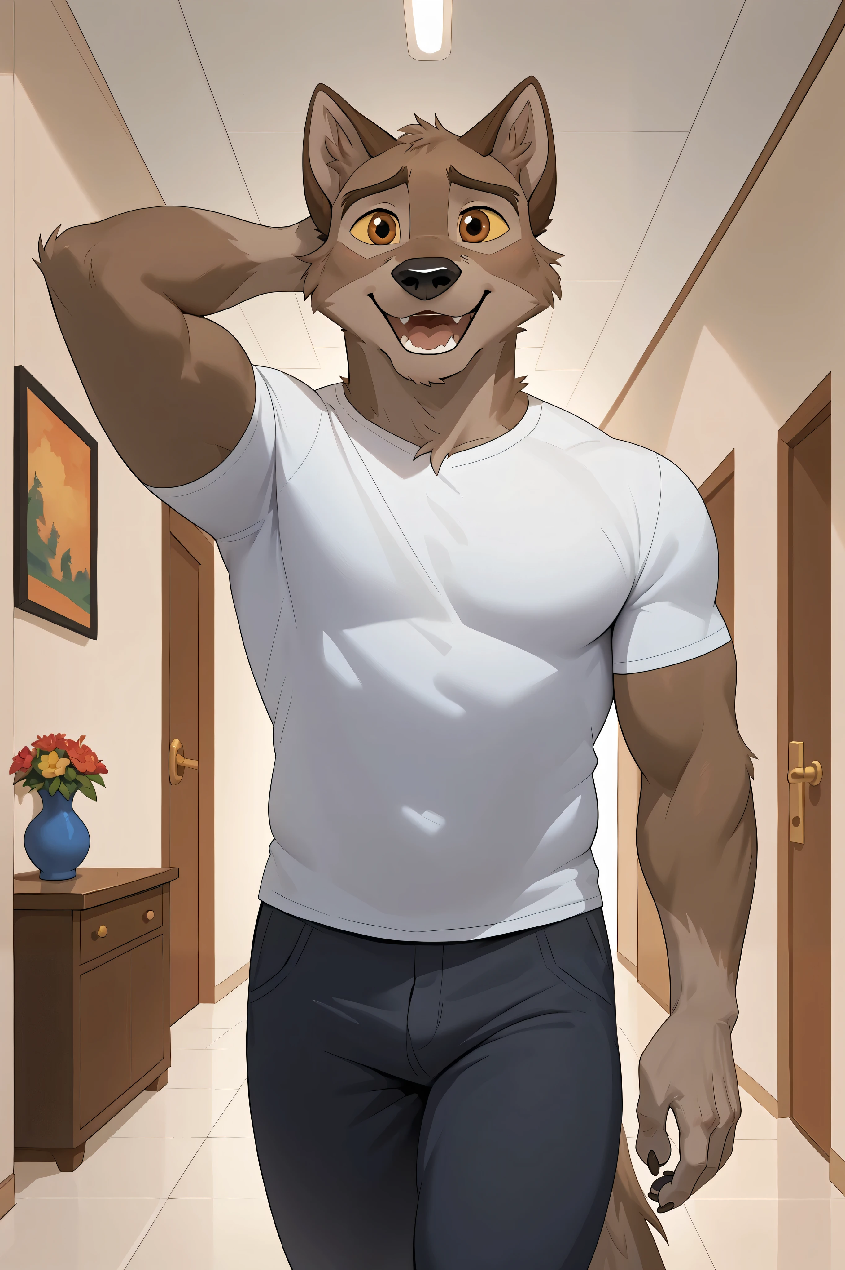 9, score_8_up, score_7_up, source_furry, solo, ((baltotwd)), wolfdog, balto, anthro, yellow sclera, brown eyes, brown gay fur, fit, walking indoors, happy, excited, outside room in hallway, painting on wall, table with vase, hand behind head, midday, white shirt, black pants, 5fingers, hi res, perfect face, best artwork, highly detailed, eyes focus, fully detailed hallway background, midday