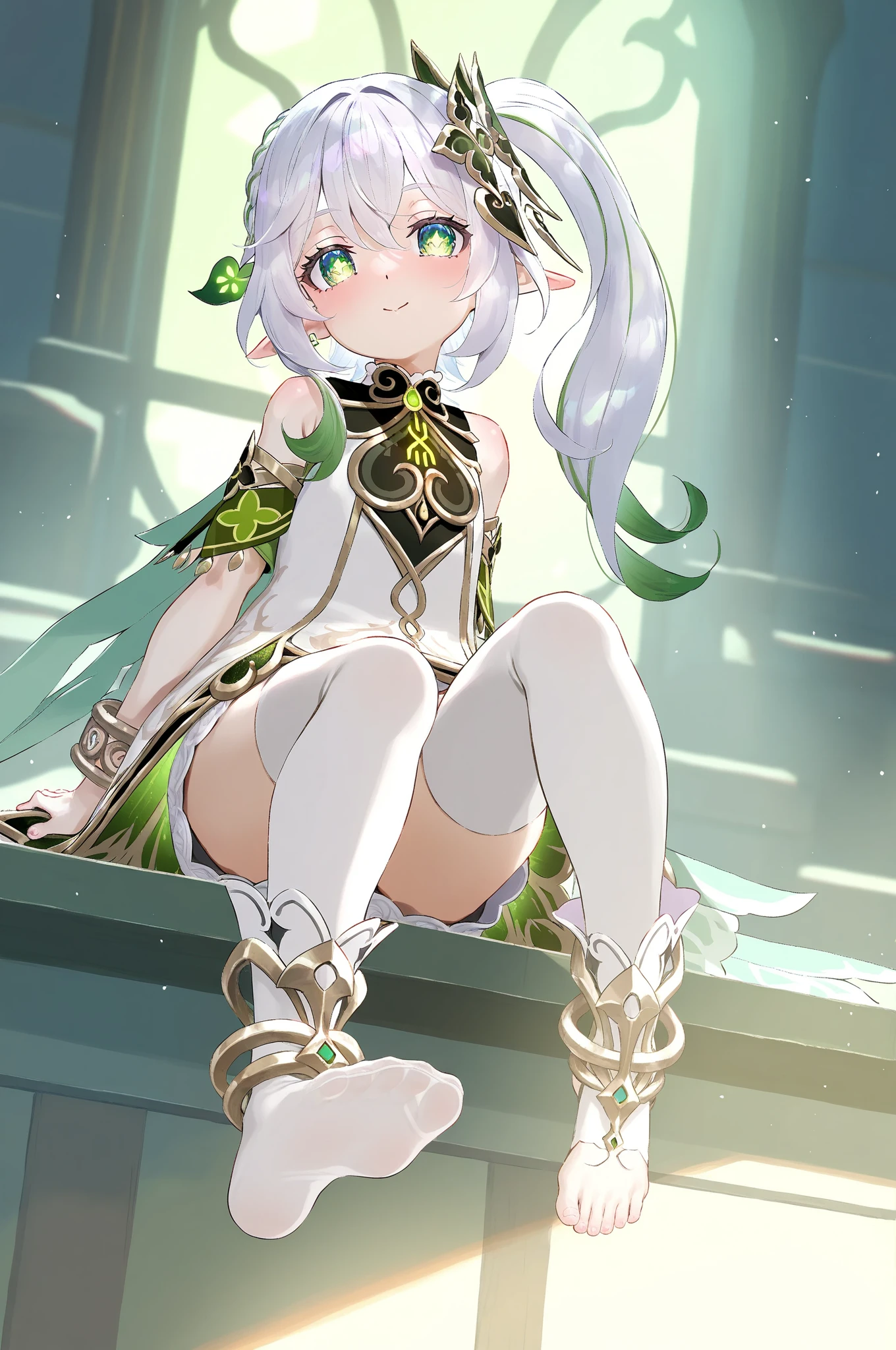 depth of field, perfect lighting, light particles, (best quality), (masterpiece), (ultra detailed), sharp focus, lily_palworld, 1girl , solo , (hair ornament:1.5) , short hair , purple eyes , (white hair , blue hair) , , black choker , aqua hair , ahoge , hair leaf, antlers, smiling, sexy , (colored inner hair) , (tiara) , lily_palworld, 1girl, barefoot, feet, solo, jewelry, toes, soles, smile, sitting, crossed legs, detached sleeves, anklet, (2 legs)