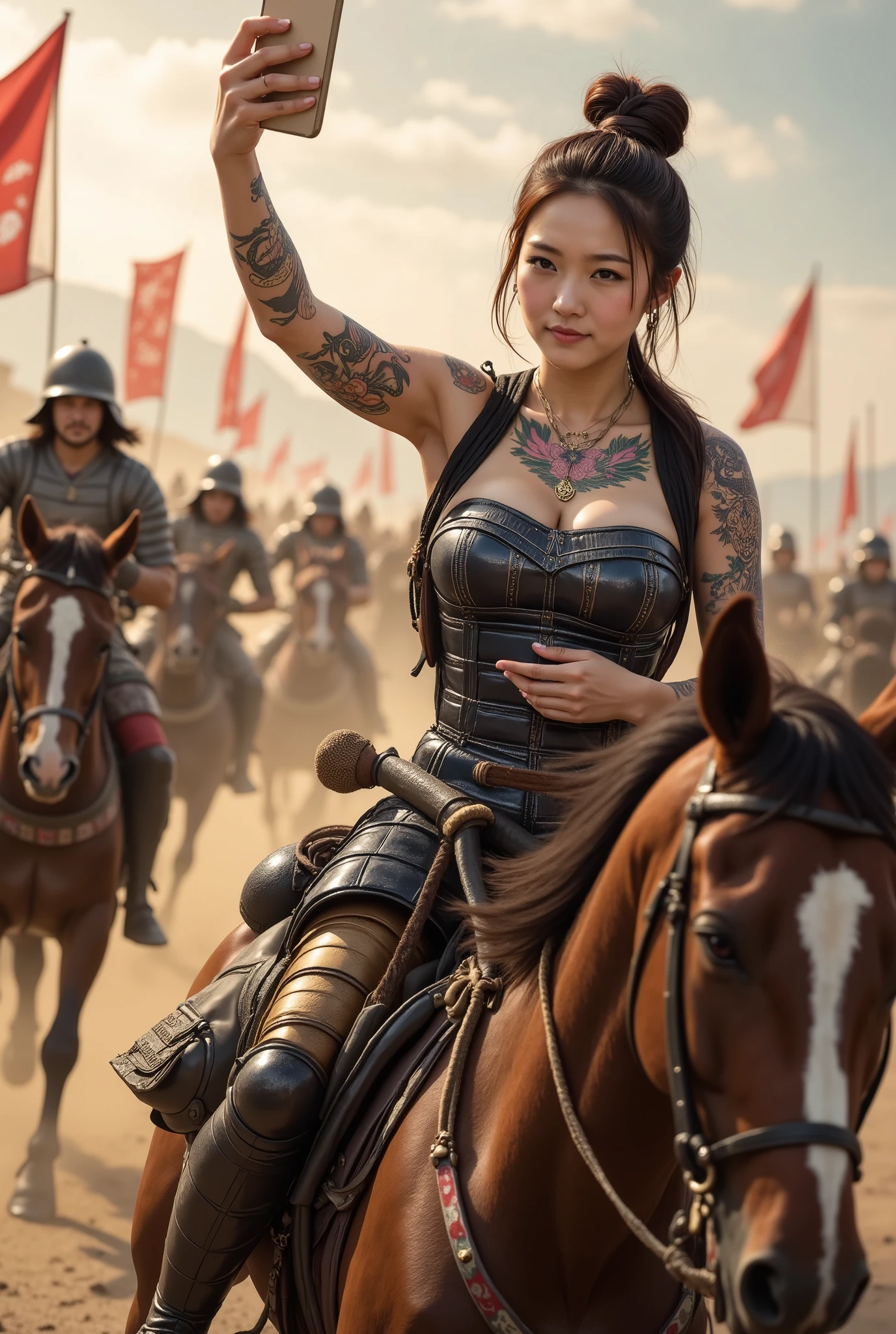"A Japanese woman with full-body tattoos, wearing traditional samurai armor from the Sengoku period, rides a powerful warhorse at the front of a battlefield. She leads a group of samurai soldiers charging behind her, their banners waving in the wind. Her tattoos, featuring traditional Japanese motifs like dragons and cherry blossoms, are visible on her neck and hands, blending strikingly with her intricate armor. The scene is dynamic, with dust and motion from the galloping horses, while the woman’s confident and determined expression is illuminated by the glow of a smartphone she holds in one hand, commanding her troops. "Delicate Painting, Detailed RAW Photo of a Girl, Masterpiece, Best Quality, Ultra High Resolution, Photoreal, 8K resolution, very detailed depiction, maximum color


