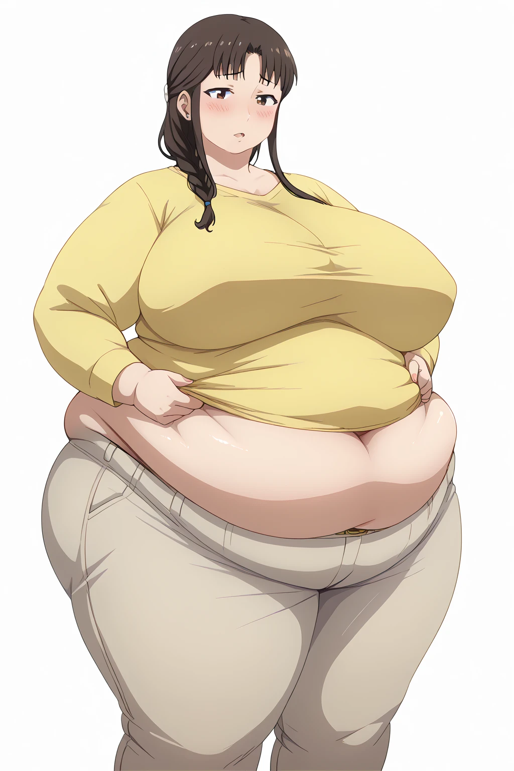 Segawa Misato,misato segawa, long hair、 brown hair 、low ponytail、 braids, brown eyes、yellow long sleeve shirt、 beige long pants,gigantic breasts,enormous breasts,Sloppy belly fat, troubled expression,blush,milf,Middle-aged women,Severe obesity, Fat face,weight 250kg,Japanese-style study , score_9, score_8_ up、 score_7_ up、 score_6_ up、 score_5_ up、 score_4_ up、 Masterpiece、 best quality , A beautiful woman with an obese figure, absurd、 source_Anime, Anime screencap, one woman、Alone、 personal 、Super huge breasts, Super huge clitoris、Super huge, Super huge boob, curved 、 Wide Hips 、 cowboy shot