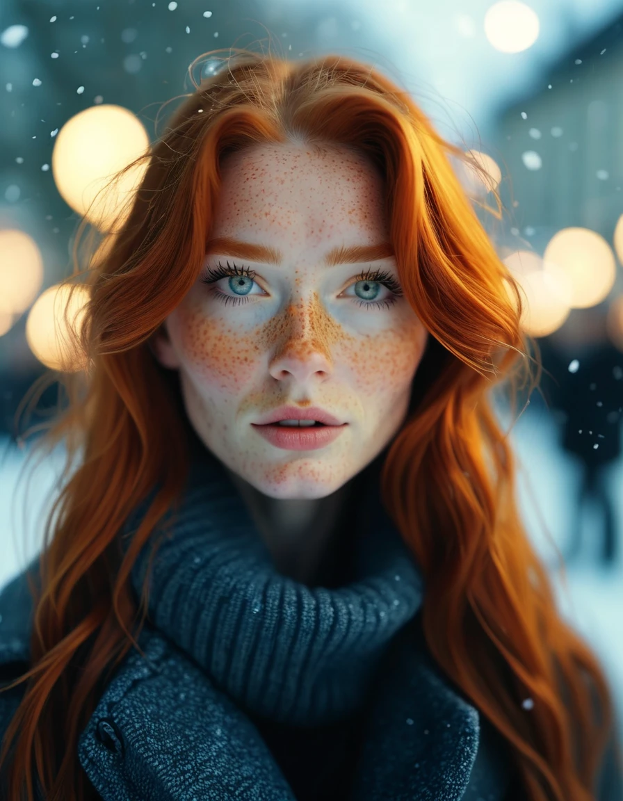 cinematic photo (art by Mathias Goeritz:0.9) , photograph, Lush Girlfriend, Tax collector, Rich ginger hair, Winter, tilt shift, Horror, specular lighting, film grain, Samsung Galaxy, F/5, (cinematic still:1.2), freckles . 35mm photograph, film, bokeh, professional, 4k, highly detailed