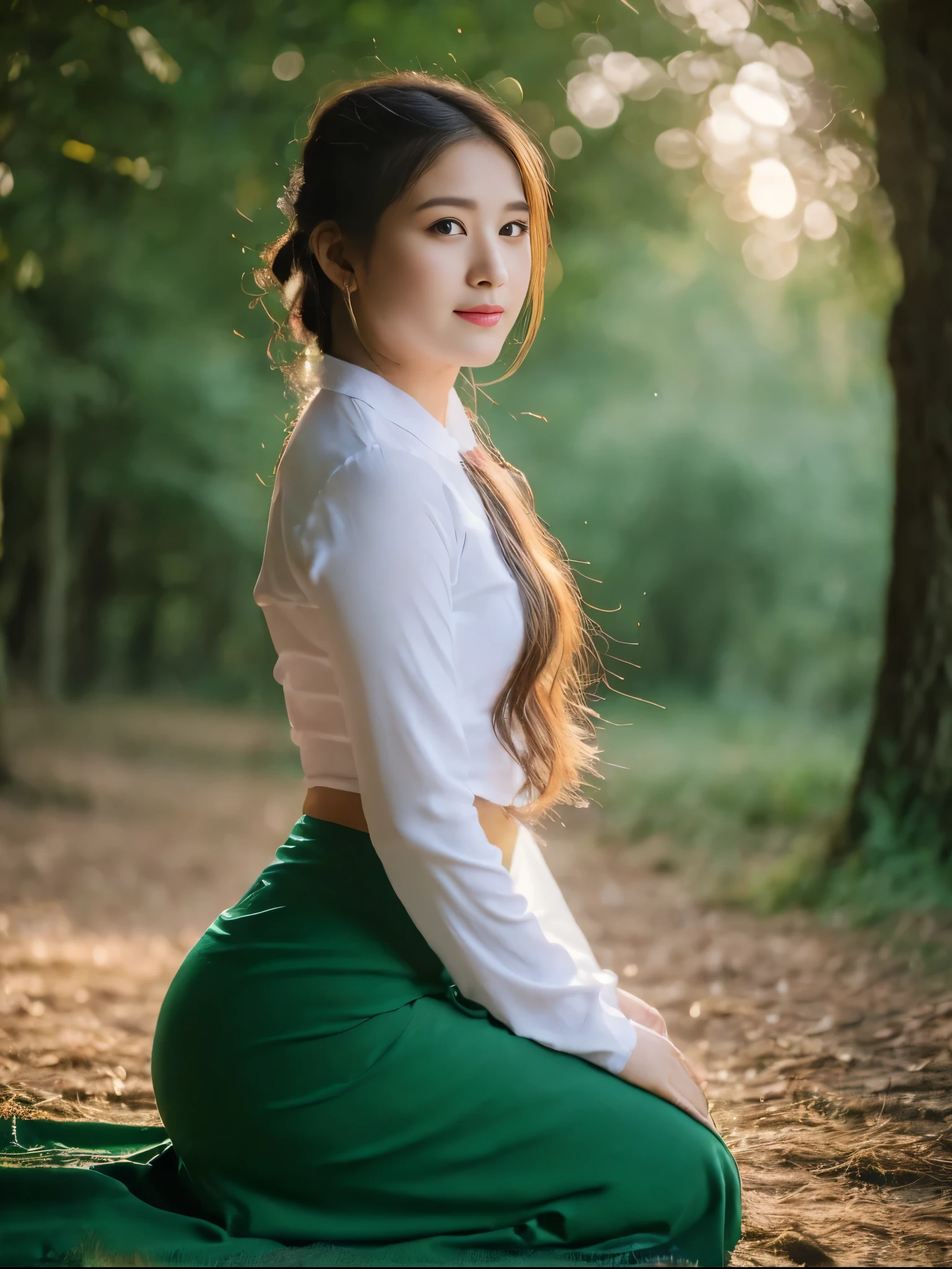 ((Best Quality, 8k, Masterpiece:1.3))), Crisp Focus: 1.2, (Beautiful Woman with Perfect Figure: 1.4) , wearing ninja mask, Burmese girl,all fours down, ,Myanmar Teacher And Student Outfit,wearing acmm olive green long skirt, beside view,In the forest background ,film effect 、best position,best composition, perspective view, ultra wide view,(best quality,4K,8K,highres,masterpiece:1.2),ultra-detailed,(realistic,photorealistic,photo-realistic:1.37),HDR,studio lighting,sharp focus,