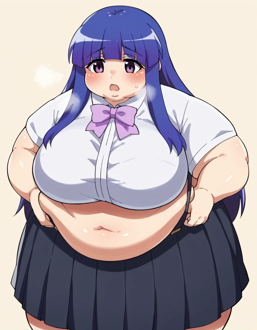 1girl, white school uniform, black hair, bangs, ponytail, lovely, chubby, ssbbw:1.9999, loli, fat hips, smile, one eyes closed, black eyes,