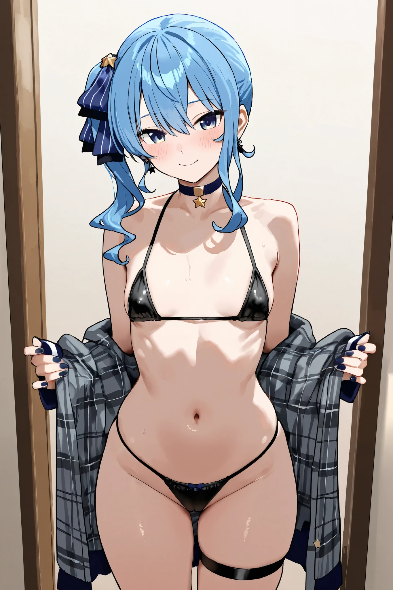 masterpiece, best quality, 1girl, solo, hoshimachisuisei, suisei hoshimachi, blue eyes, blue hair, choker, hair between eyes, medium hair, side ponytail, beautiful detailed eyes, extremely detailed face, perfect anatomy, flat chest, naked body, nude, sexy black underwear, black panties, standing frontally, pov, looking at viewer, whole body can be seen, fear, afraid, scared expression, school locker room, detailed hands, five fingers, female genitals