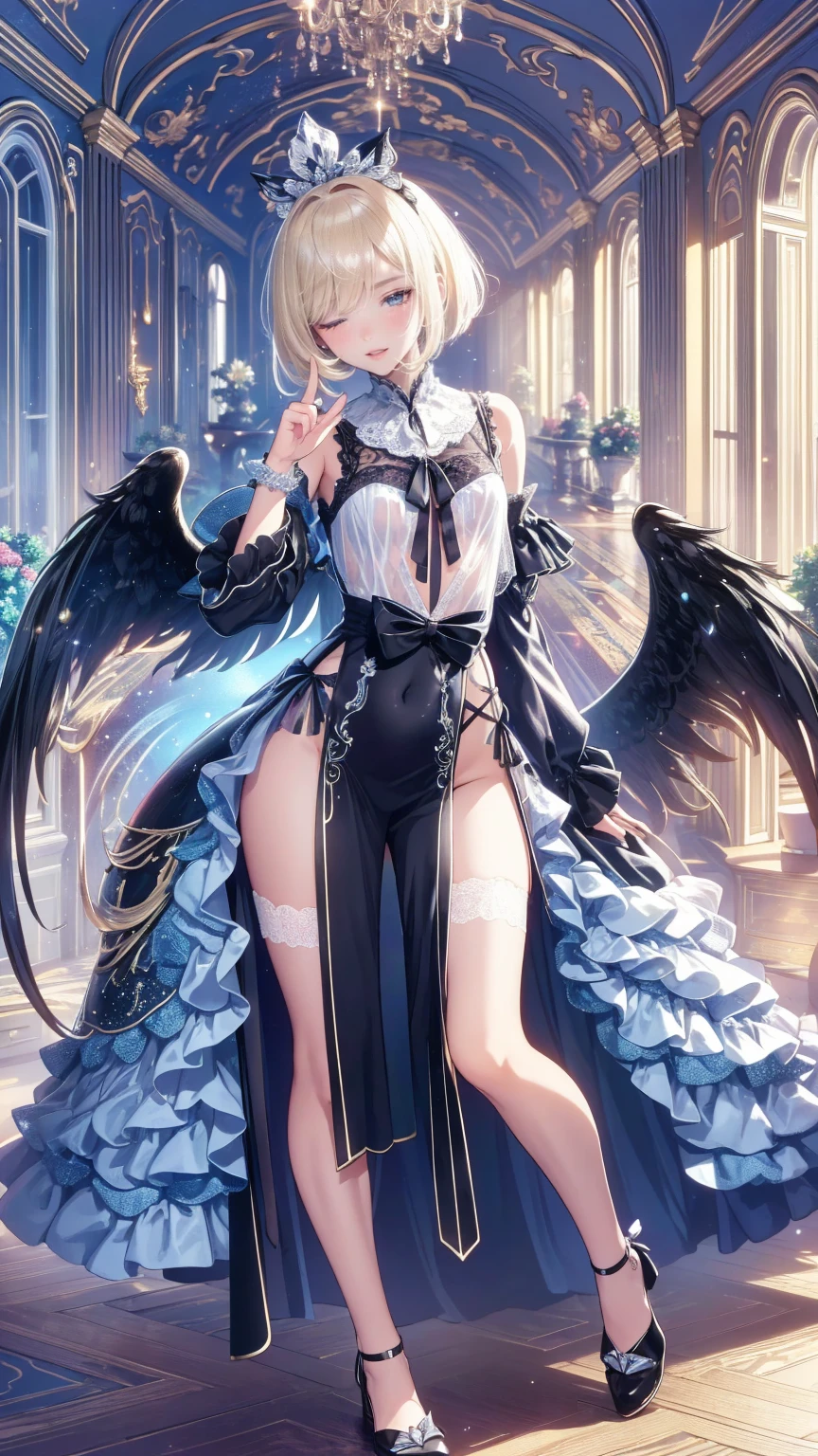 ((Top quality, masterpiece, freak, super resolution)), 1 girl, Japanese model,16 years old,Smooth black hair,A woman is wearing a (corset dress) that covers from the chest to the hips in a bodysuit style. The neckline is a deep V-cut with straps, and the skirt portion is adorned with short tulle frills. The corset features garter belts as well. The base color is white, with black lace decorating the front. The central front part of the corset has delicate black floral lace, and white ribbons are used as embellishments. The skirt is made of transparent tulle frills, adding a light and airy design. She is also wearing black lace stockings. This set combines the contrast of white and black beautifully, with the intricate lace and tulle details emphasizing an elegant and sexy atmosphere.




