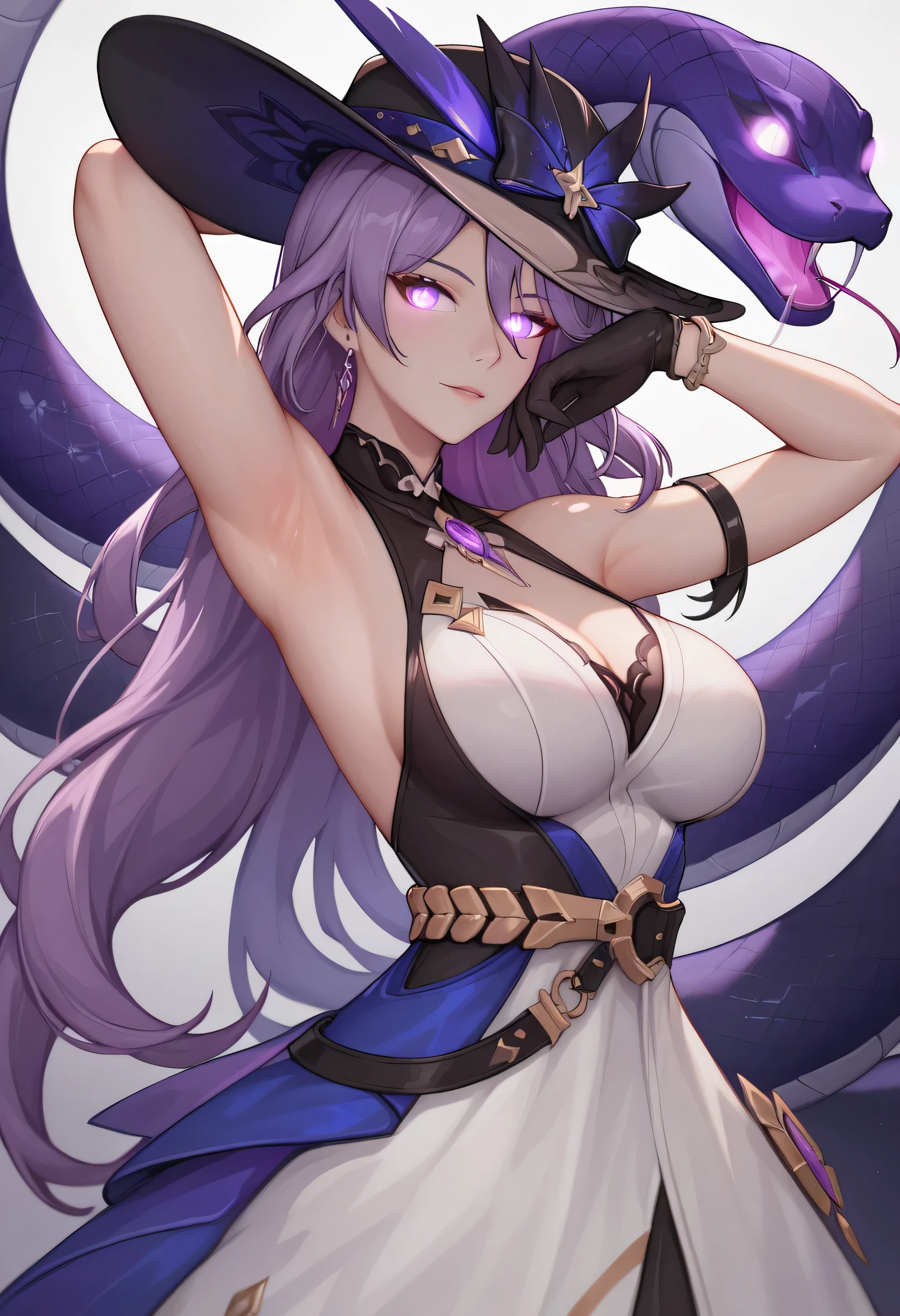 (8k, highest quality, masterpiece:1.2),High quality CG Unity 8k Large file size,Very detailed,High resolution,Beautiful Eyes,Ray Tracing,Dramatic Shadows,finely,Hyper Detail,(1 girl), Two-dimensional woman、


diabellze, blue eyes, blonde hair, purple hair, multicolored hair, witch hat, white coat, white bodysuit, multiple belts
thigh boots, 

blush, smile, 