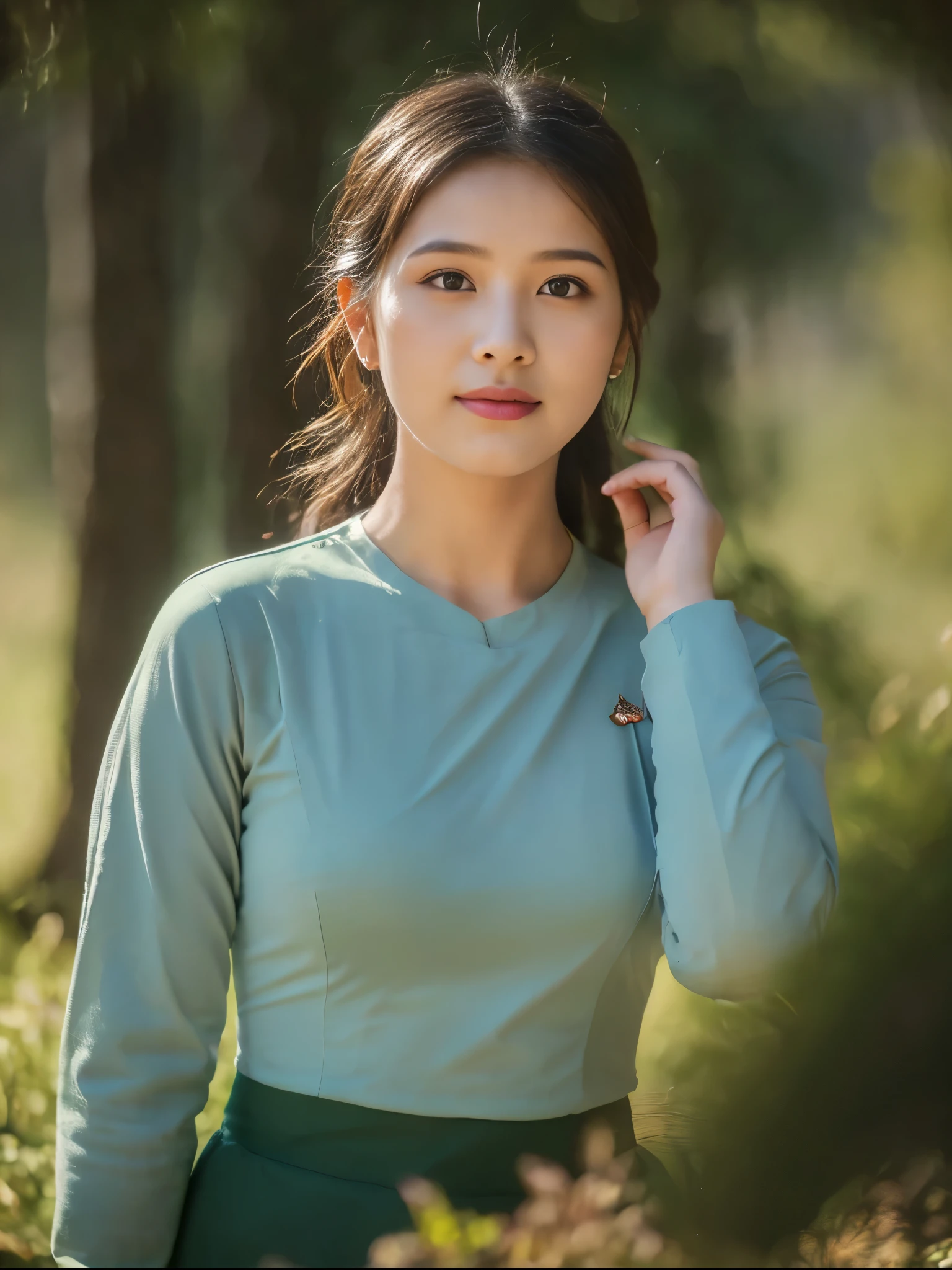 ((Best Quality, 8k, Masterpiece:1.3))), Crisp Focus: 1.2, (Beautiful Woman with Perfect Figure: 1.4) , wearing ninja mask, Burmese girl,all fours down, ,Myanmar Teacher And Student Outfit,wearing acmm olive green long skirt, beside view,In the forest background ,film effect 、best position,best composition, perspective view, ultra wide view,(best quality,4K,8K,highres,masterpiece:1.2),ultra-detailed,(realistic,photorealistic,photo-realistic:1.37),HDR,studio lighting,sharp focus,