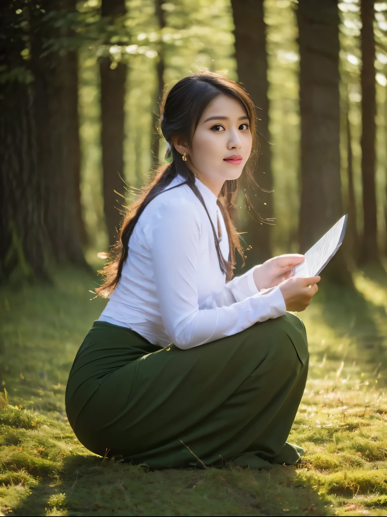 ((Best Quality, 8k, Masterpiece:1.3))), Crisp Focus: 1.2, (Beautiful Woman with Perfect Figure: 1.4) , wearing ninja mask, Burmese girl,all fours down, ,Myanmar Teacher And Student Outfit,wearing acmm olive green long skirt, beside view,In the forest background ,film effect 、best position,best composition, perspective view, ultra wide view,(best quality,4K,8K,highres,masterpiece:1.2),ultra-detailed,(realistic,photorealistic,photo-realistic:1.37),HDR,studio lighting,sharp focus,