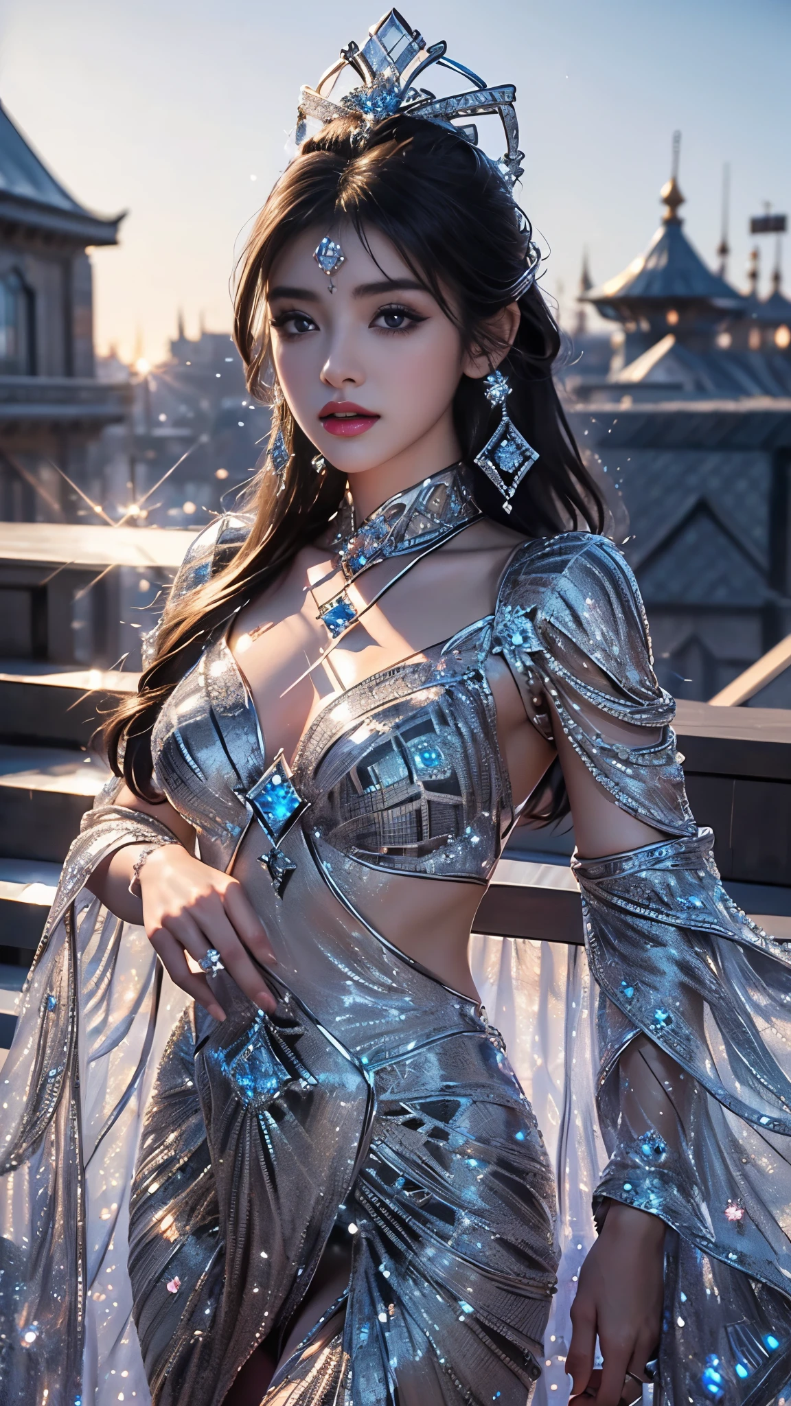 Black Hair, Surrealism, 8K, Super Detail, Ultra HD, masterpiece, precise, Anatomically correct, Textured Skin, Super Detail, High Detail, high quality, best quality, 8K，Beautiful woman，(Silver dress:1.5)，Sparkling Clothing，Princess，western castle