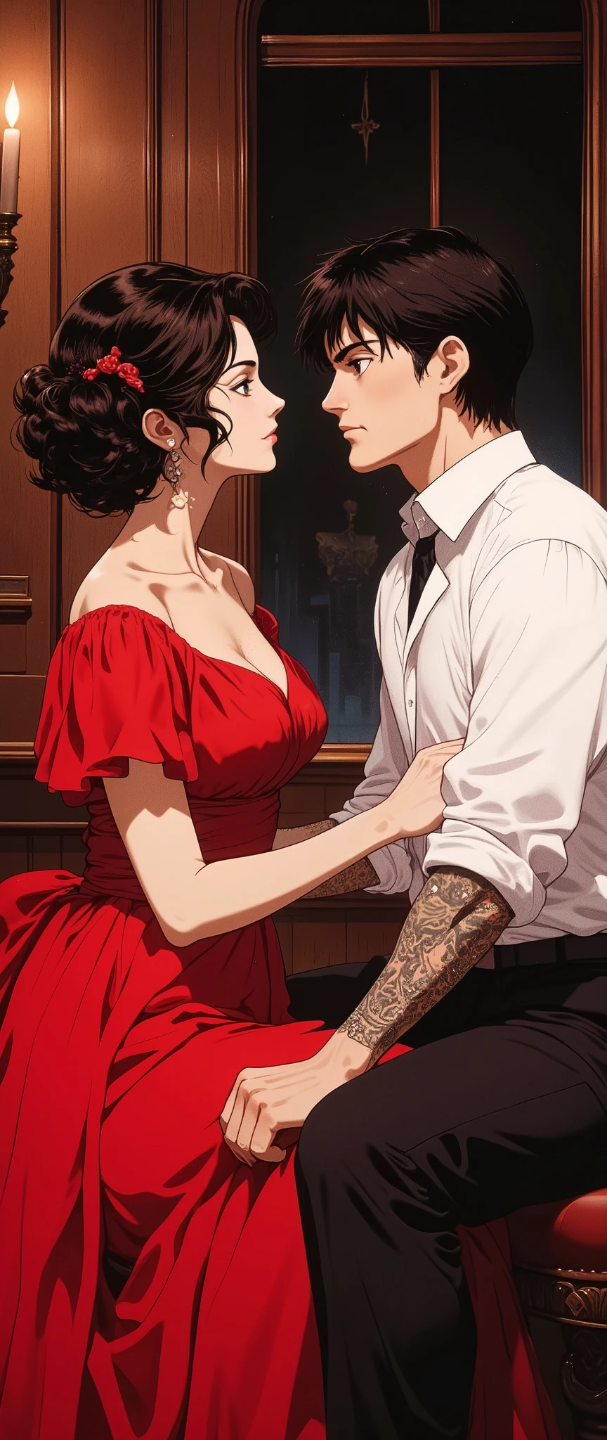   fair skinned woman   ,  medium voluminous curly hair  ,   dark brown hair  .  deep honey-colored eyes  .   ear piercing earrings.    wearing a long red dress and high heels  .    sitting looking into the eyes of a tall young man   ,    whose hair was black and wavy in surfer style   , bright dark eyes,   fair skin with tattoos on his right arm ,    wearing a silver chain with a small star pendant,  wearing a white dress shirt and black dress pants