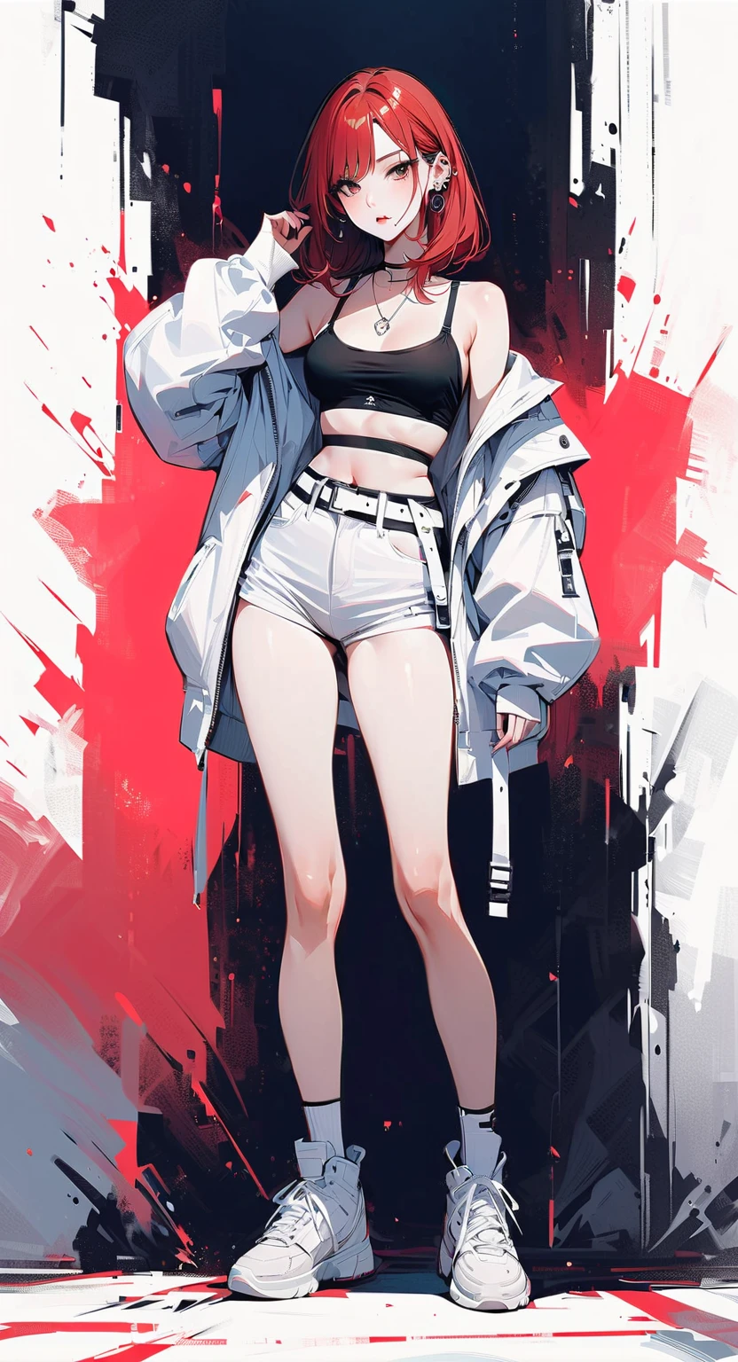 ((((masterpiece, best quality, high resolution)))), 1girl, white hair, red eyes, average breasts, blush, light smile, glow, thighs, bare shoulders, collarbone, narrow waist, cleavage, (beautiful detailed face, beautiful detailed eyes), (oversized short fluffy coat, see through white tank top, ripped denim shorts, high heels), (harajuku fashion), Harajuku