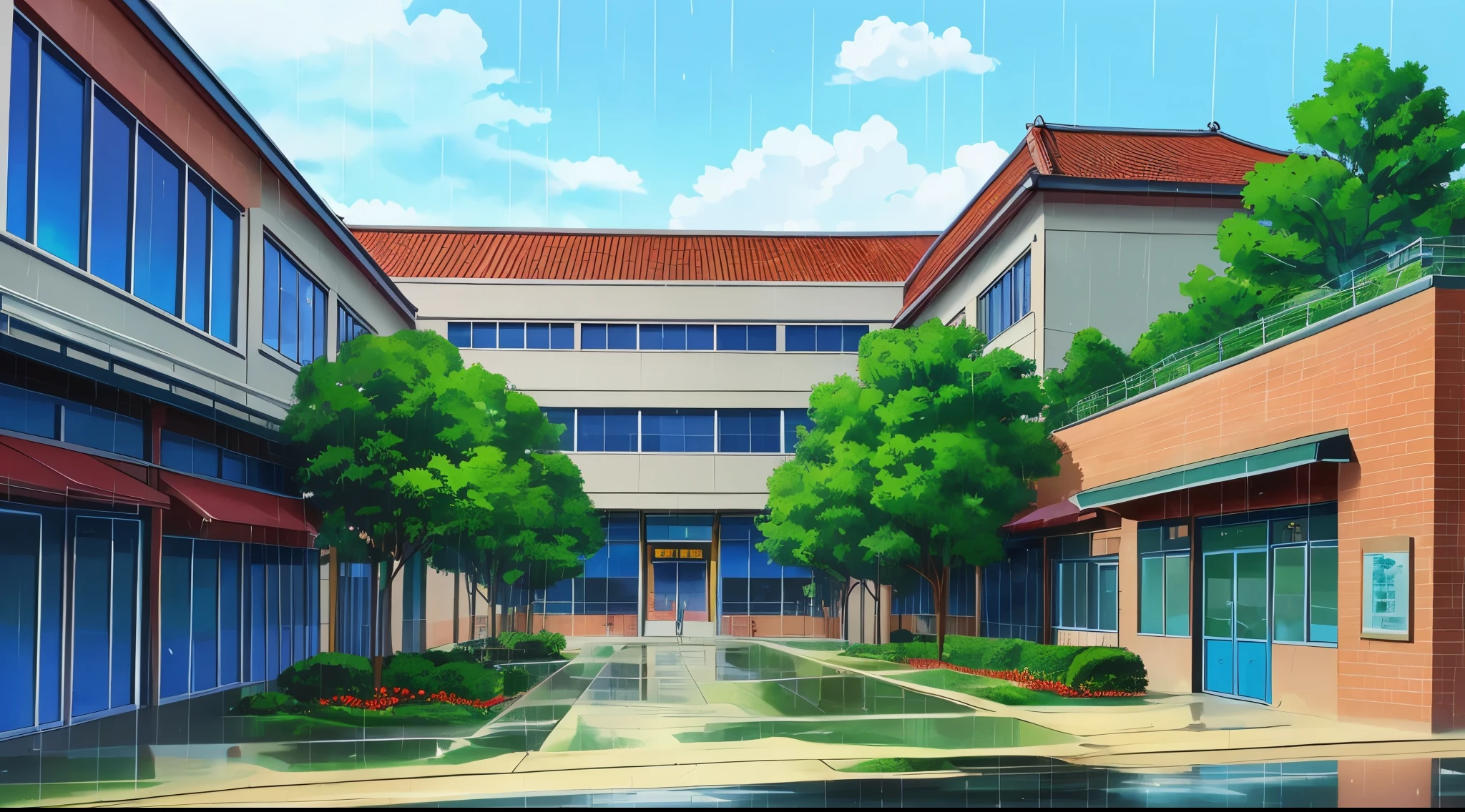 (Rainy sky) (Raindrops Falling) (Afternoon) (Grey Sky)
(80’s Anime) (Classic) (Vintage) (Retro)
1980’s Japan High School is a huge broad campus of several light vanilla buildings built in a contemperary architecture.
There is a small field of Higanbana (Red Spider Lily) flowers. Close by the Parking Lot
There is a Grey Statue of a Panda in the center of the Parking Lot.
(View from the Entrance)