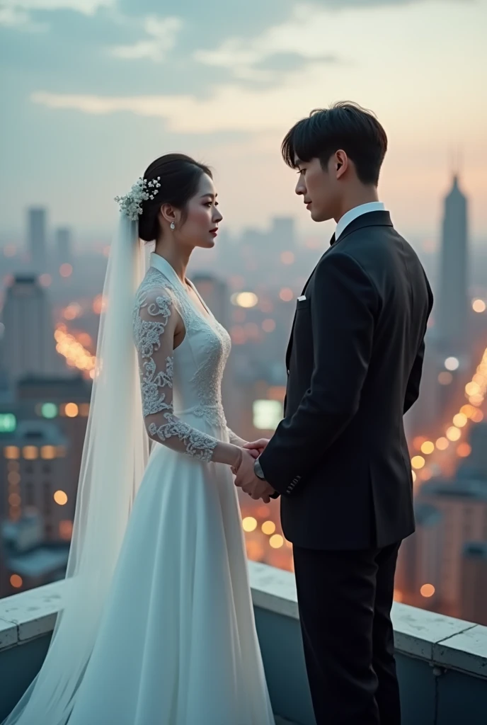 Realistic, Long shot, 4k, high detailed, high quality, Potrait of one Asian man(24 years old) in a suit(in the middle) ,(( Smile at your audience, Make eye contact with your audience)), and a beautiful girls with luxury dress, (( Smile at your audience, Make eye contact with your audience)), standing, (very slim), medium breasts, blue laced gown, laced stockings, see through gown, perfectly proportioned, intimate, Lovers, close to each other, perfect anatomy, perfect background, perfect face, perfect body, detailed face, look at camera, cityscape, rooftop , dim lights, blurry background, big windows, (night)),Luxury background