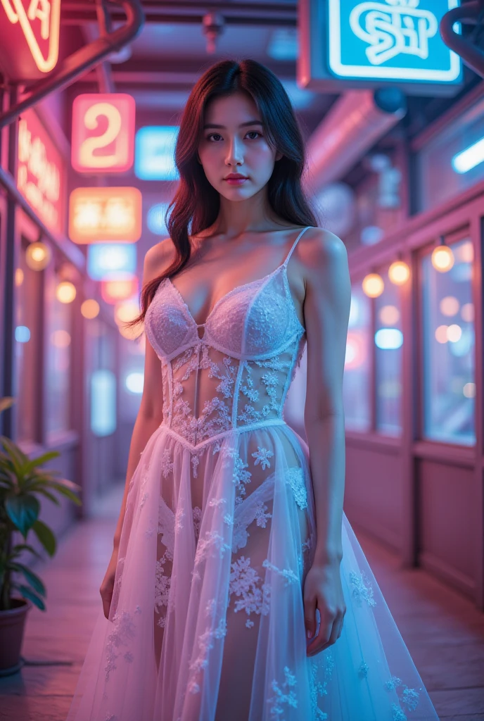 8k, masterpiece, RAW photo, best quality, photorealistic, extremely detailed CG unity 8k wallpaper, Depth of field, Cinematic Light, Lens Flare, Ray tracing, (extremely beautiful face, beautiful lips, beautiful eyes), intricate detail face, ((ultra detailed skin)) 1girl, in the dark, deep shadow, pretty korean girl, kpop idol, 1 girl, (very slim slender fit-muscled body:1.3), ((looking at viewer)),(big smile:1.3), (midnight, dark night, (neon sign), (blurred background), dim light), (without people in the background:1.3), beautiful earrings, bracelets, necklace, pantyhose, clear eyes, walking , front shot, (pale skin), (big eyes), face forward, (full body shot), (brown hairs), open navel, (looking at viewer:1.3), very slim, medium breasts, (camel toe), thick thighs, turn back, (flooming laced mini dress), ((white color dress)), (tight skirt), ((turning back, back shot)), ultra mini skirt, exposed ass, upper shot