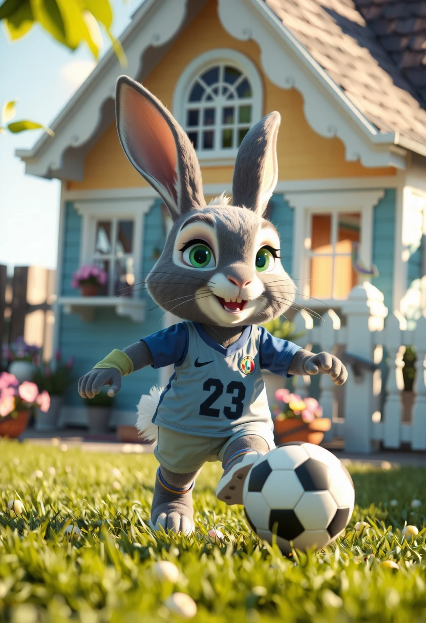 Nugget Rabbit-Full View 3D,Nugget, Nugget Rabbit,Vibrant 3D animation of a lively gray rabbit, detailed whiskers and expressive eyes, wearing a tiny soccer jersey and shin guards, kicking a ball in front of his cozy, sunlit house with blooming flowers and a white picket fence, warm afternoon light casting long shadows.