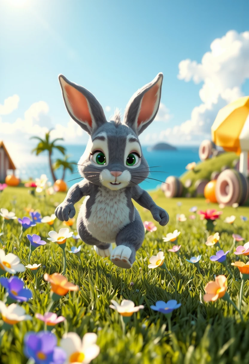 Nugget Rabbit-Full View 3D,Nugget, Nugget Rabbit,Vibrant 3D animation, sun-kissed beach with a lush grass field teeming with colorful flowers, a soft gray rabbit with bright eyes and twitching whiskers runs playfully towards the camera, its fur ruffled by the gentle ocean breeze.