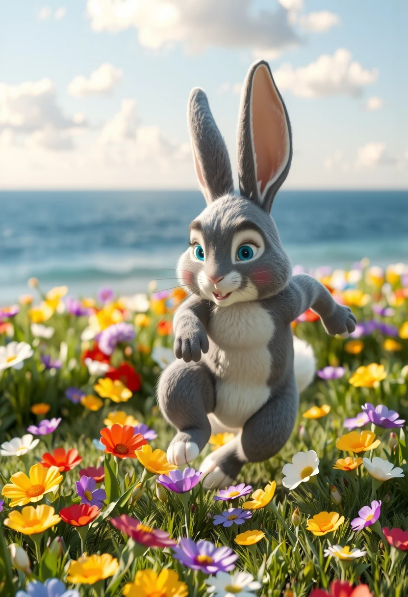 Nugget Rabbit-Full View 3D,Nugget, Nugget Rabbit,Vibrant 3D animation, sun-kissed beach with a lush grass field teeming with colorful flowers, a soft gray rabbit with bright eyes and twitching whiskers runs playfully towards the camera, its fur ruffled by the gentle ocean breeze.