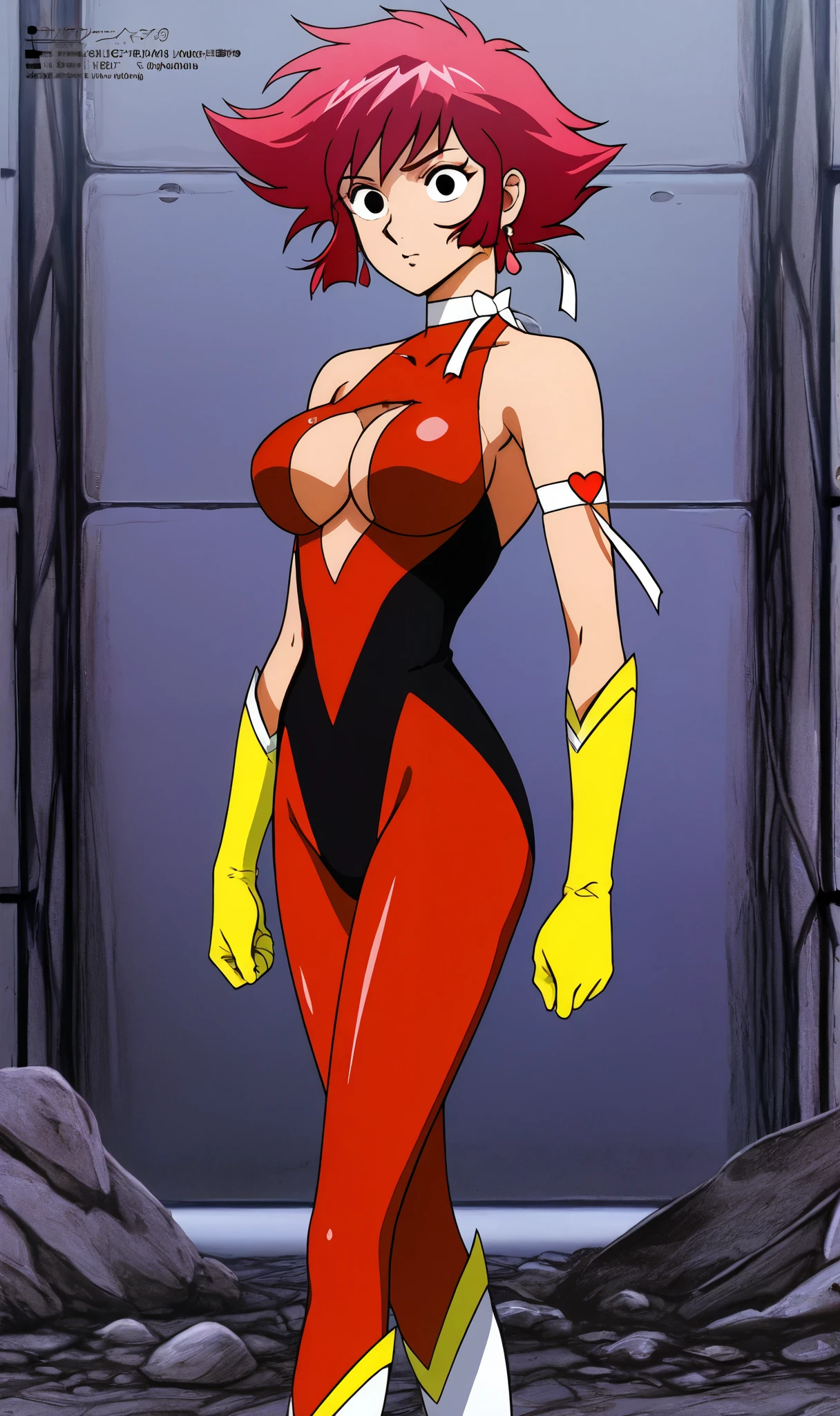 An emo girl shy nervous afraid dumb quiet sexy cute beautiful beautiful big breast long wavy black hair her pink eye she wears a red corset under a black vest shows her navel and a metallic black pants yellow boot long yellow metal gloves