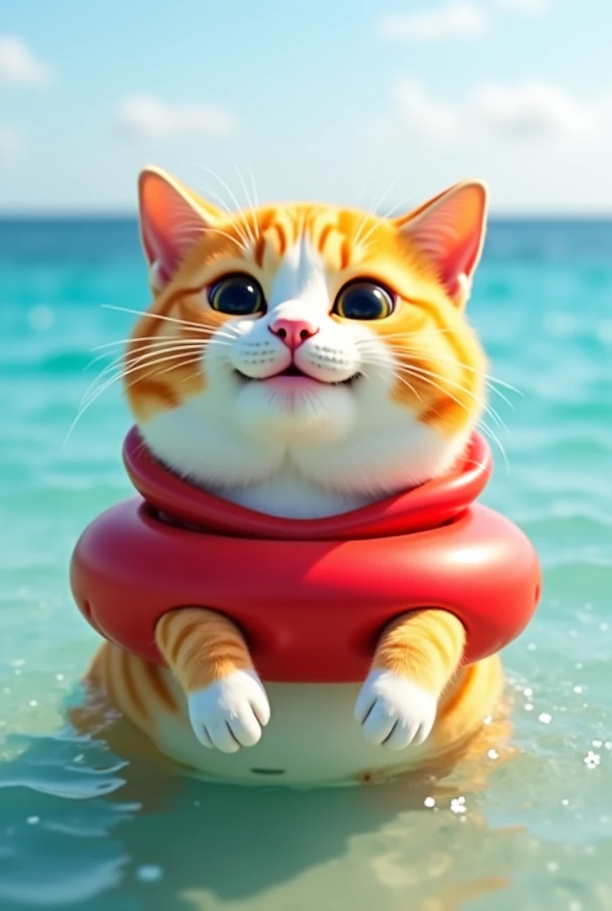 A cute fat adult cat. Its fur is golden orange with white stripes and patches. Eyes wide . Boby is swimming happily in not-so-deep waters in the ocean or on the shore, wearing a red float around his waist , off the Rada beach in the middle of the middle .