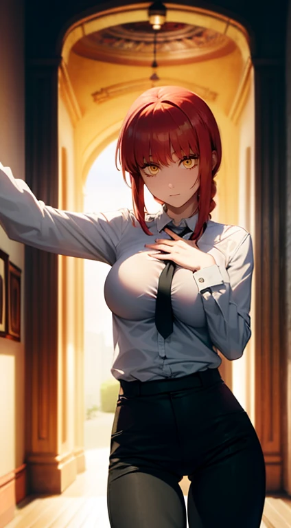 ((((Obra maestra, La mejor calidad, ultrahigh resolution)))), perfect anatomy, a woman with bred hair sitting on a window ledge naked and bent over, 1girl, solo, makima (chainsaw man), breasts, pantyhose, shirt, looking at viewer, red hair, sitting, open clothes, collared shirt, open shirt, smile, braided ponytail