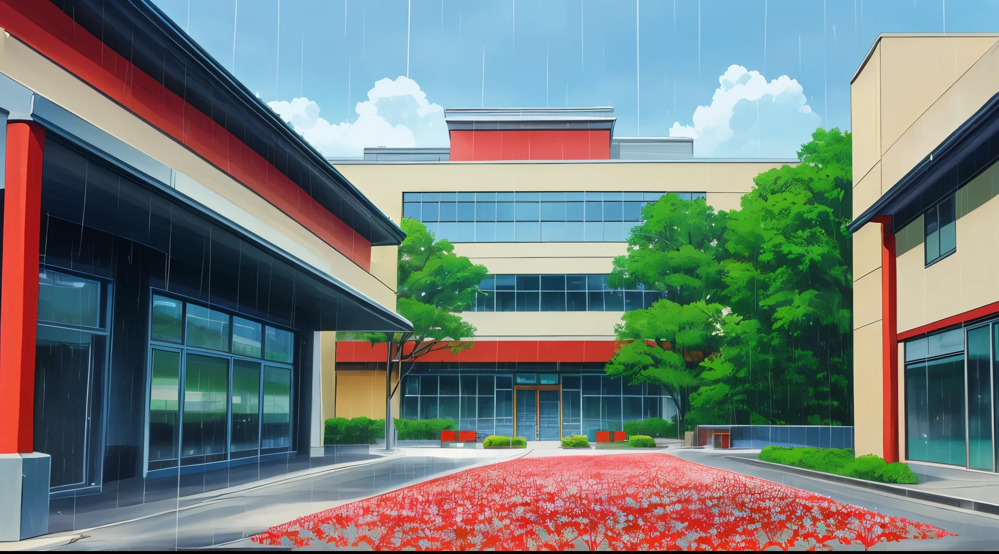 (Rainy sky) (Raindrops Falling) (Afternoon) (Grey Sky)
(80’s Anime) (Classic) (Vintage) (Retro)
1980’s Japan High School is a huge broad campus of several light grey buildings built in a contemperary architecture.
There is a small field of Higanbana (Red Spider Lily) flowers. Close by the Parking Lot
There is a Grey Statue of a Panda in the center of the Parking Lot.
(View from the Entrance)