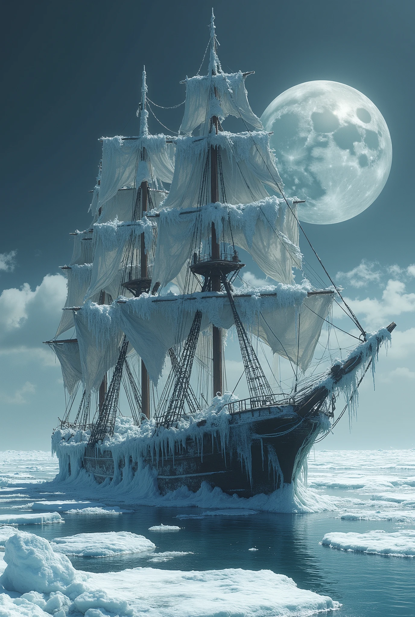 digital painting depicting an old, rugged sailing ship frozen in ice. The ship, with its tall, weathered masts and sails, dominates the foreground. The ship's hull is covered in a thick layer of ice, giving it a ghostly, almost ethereal appearance. The masts and rigging are also encased in ice, adding to the ship's frozen state. The sails are tattered and torn, suggesting years of wear and exposure to the elements., 
The background features a large, full moon, casting a silvery glow over the scene. The moon is partially obscured by thin clouds, which contribute to the overall moody and atmospheric feel of the painting. The sky is a deep, dark blue, transitioning into lighter shades near the horizon, where the moon is located., 
The water surrounding the ship is frozen, with ice extending out into the distance, creating a surreal, icy landscape. The texture of the ice is smooth and reflective, adding to the sense of cold and isolation. The overall color palette is dominated by cool tones, with blues and whites predominating, enhancing the feeling of cold and desolation., aidmaimageupgrader, aidmaMJ6.1, ultra quality, ultra detailed, intricate details