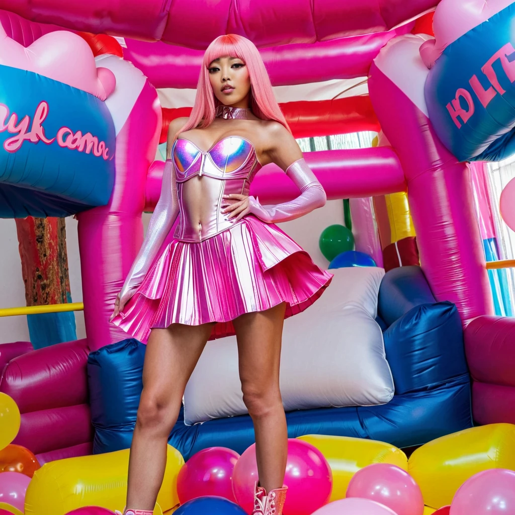 A queen made of candy, with pink icing, a crown, and two hands. She is wearing a pink dress and standing on a blue surface. outfit made of candies melting glossy. glossy texture, smooth 3d model, multiple light sources, rim light, sharp post effects render, (glossy plastic texture with multiple big light probe refractions), perfect cgi, smooth silhouette, high intensity refraction, (super glossy material), most beautiful vfx, blue background, plastic refractions, realistic, 4k, high resolution, rim light, photo shoot, commercial photo, profile shot, 4k, rim light, high resolution, 4k, glossy texture, smooth 3d model, multiple light sources, rim light, sharp post effects render, (glossy metallic texture with multiple big light probe refractions), perfect cgi, cgi art created only with gradients, smooth silhouette, high intensity refraction, (super glossy chrome material), most beautiful vfx, blue background, chrome metal refractions, multiple light sources, rim light, sharp post effects render, perfect cgi, digital art, detailed digital art, reflective, best quality, 4k, masterpiece:1.2, ultra-detailed, realistic, vivid colors, dark and moody lighting, The image of the highest quality, ensuring every detail showcased perfectly. It in 4k resolution, allowing viewers to immerse themselves in the richness of the colors and intricate details. The realistic rendering. under the spotlight, reflecting, high-resolution image, realistic rendering, dark background, and rim light photorealistic