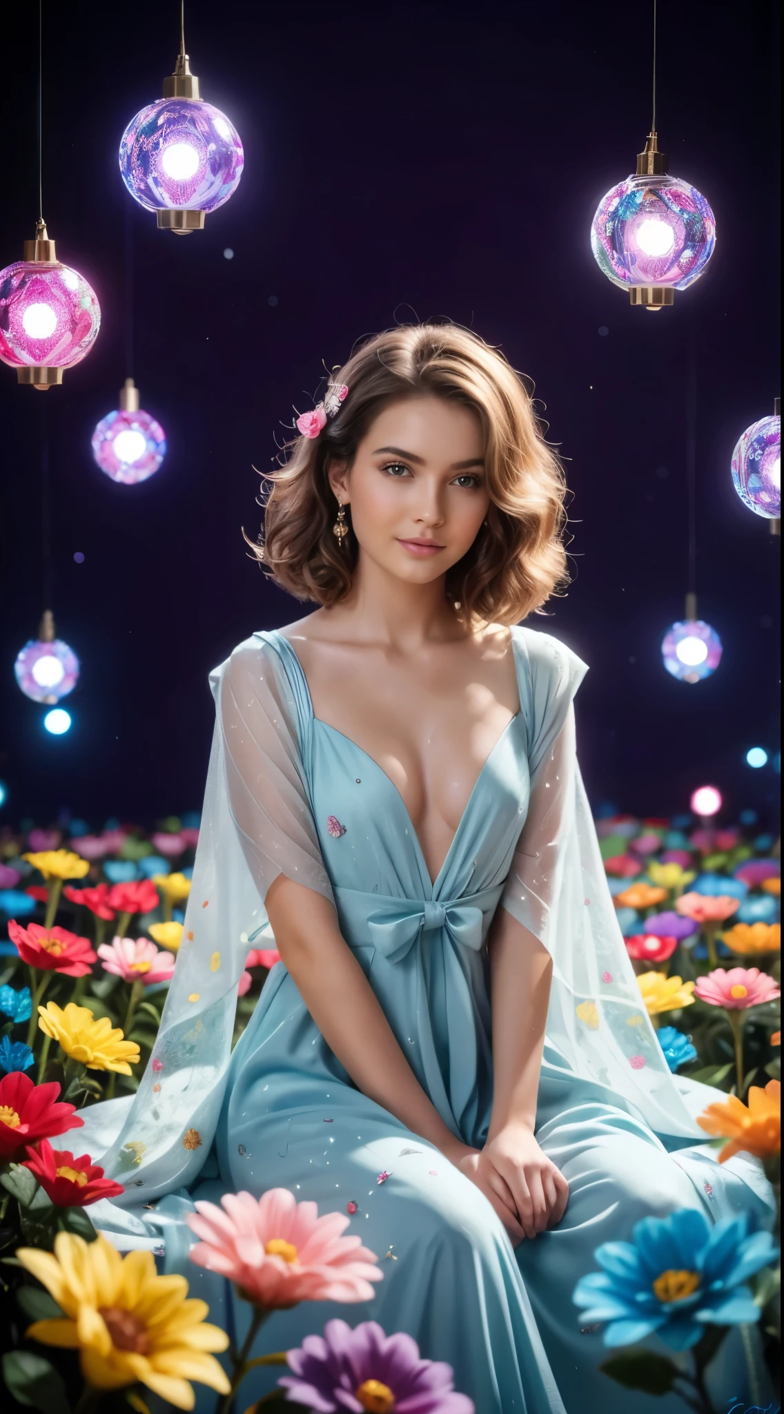 (best_quality, masterpiece:1.2), (highly detailed), (4k, 8k, uhd, high_resolution, highres), girl, sitting, blouse, draped shawl, dress, medium length shaggy hair, looking at viewer, whimsical backdrop of flower adorned decorations, sparkling garlands, colorful, water surface, gondola, colorful ribbons, lamp lights, highly detailed, flawles, shiny silver box, violet background, photorealistic, studio lighting, ultra-detailed, sharp focus, extremely detailed, vibrant colors, ultra high definition, best quality, beautiful, delicate, sweet, feminine, white outfit, open chest,