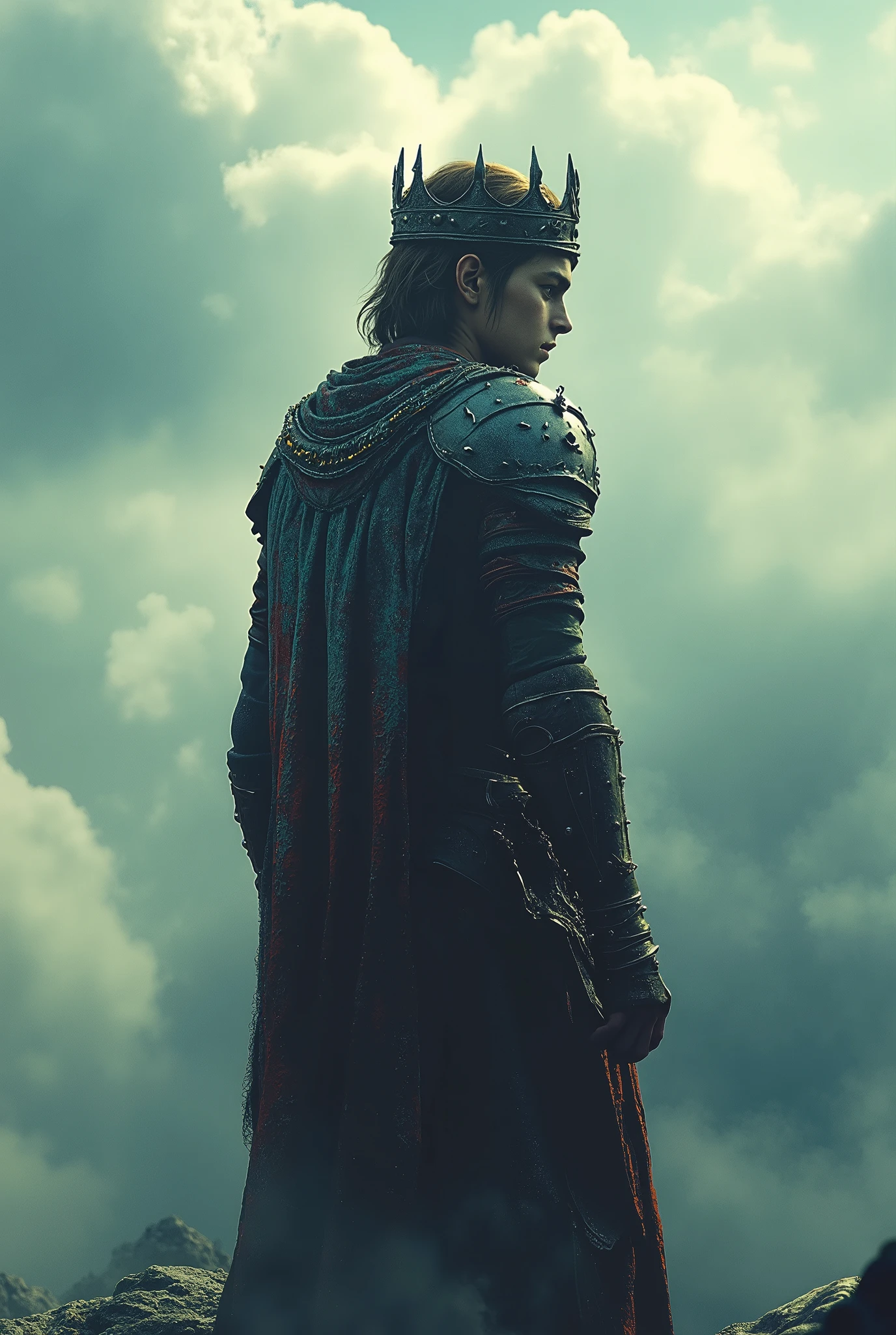 solo, crown, standing, cloud, 1boy, cape, sky, male_focus, armor, torn_clothes, from_side, boots, outdoors, cloudy_sky